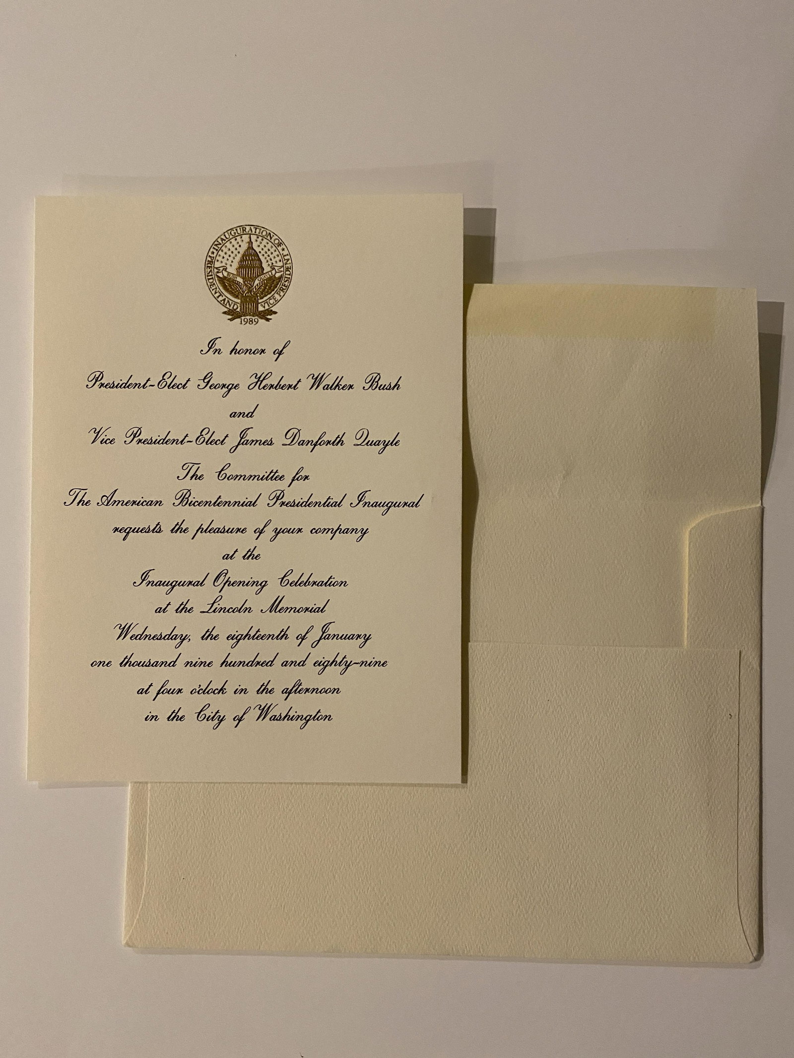 George H. W. Bush Inaugural Presidential Invitation: President George Herbert Walker Bush and Vice President Dan Quayle 1989 Inaugural Presidential Invitation