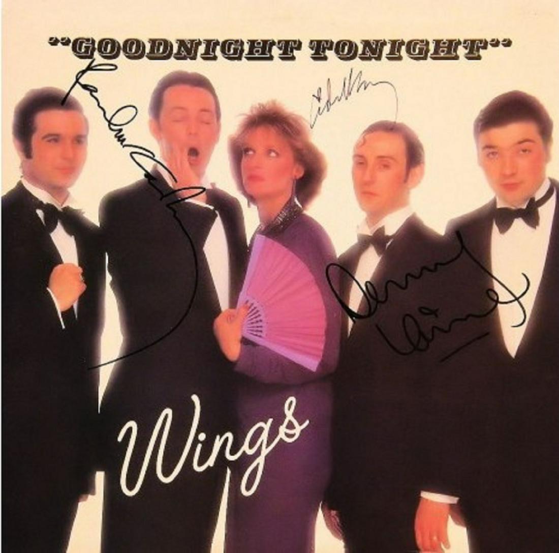Wings signed "Goodnight Tonight" album: Wings 1979 "Goodnight Tonight" album autographed by Paul McCartney, Linda McCartney and Denny Laine.