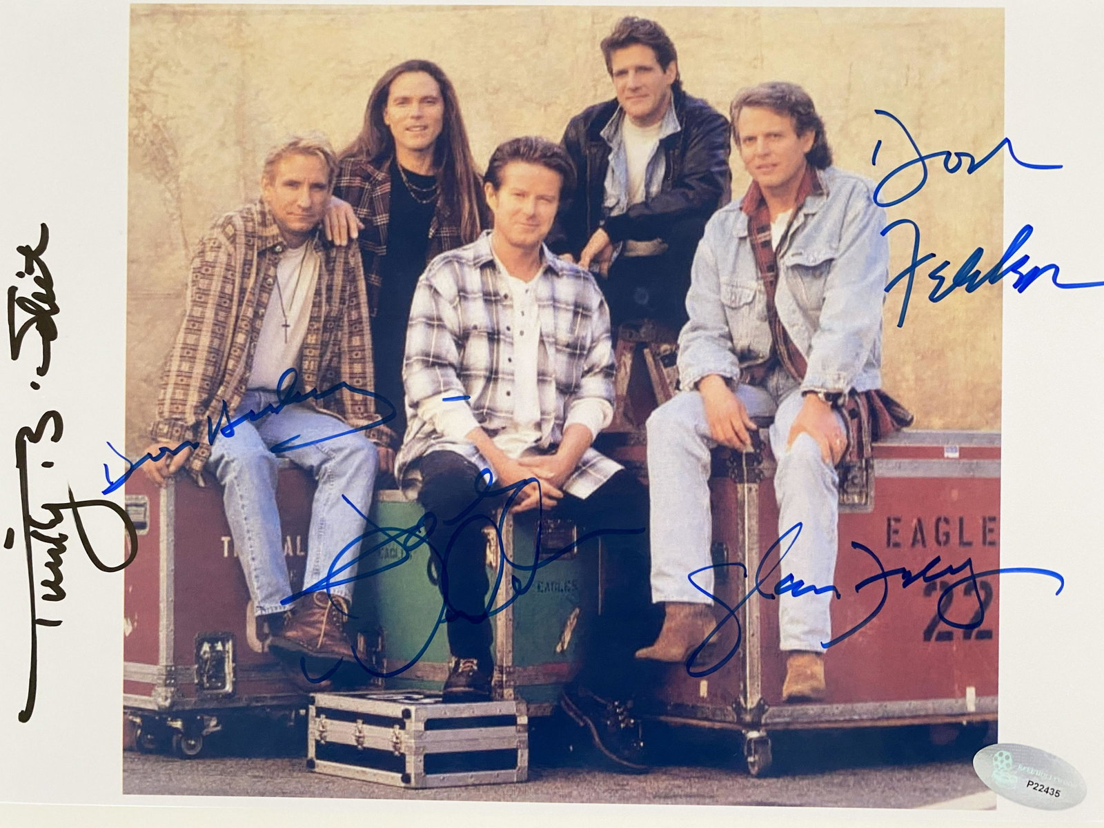 The Eagles signed Life in the Fast Lane photo: The Eagles signed photo autographed by Don Henley, Glenn Frey, Joe Walsh, Don Felder and Timothy B. Schmit. 8.5x11.5 inches