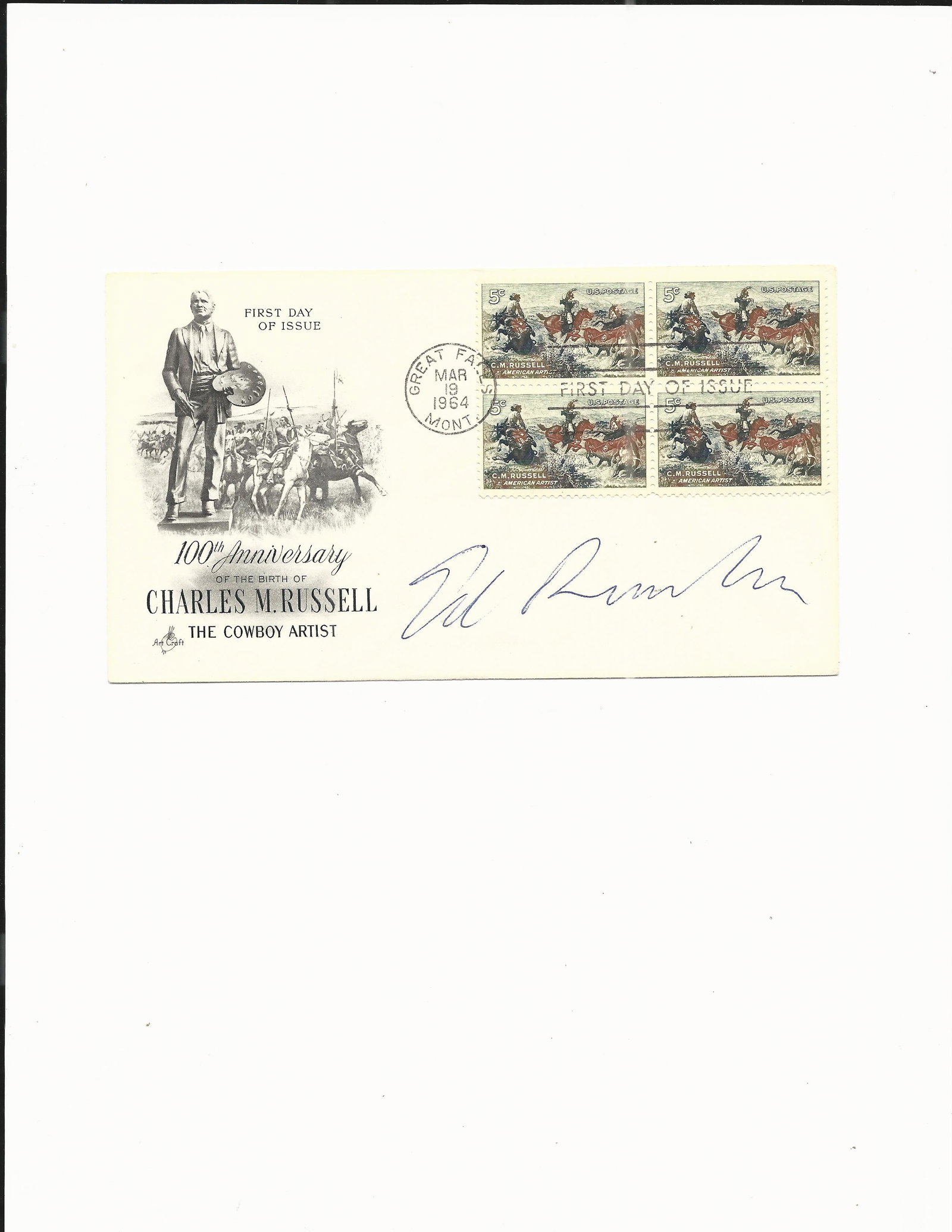 Ed Ruscha signed Charles M. Russell 1964 100th: Charles M. Russell 1964 100th Anniversary commemorative First Day Cover autographed by artist Ed Ruscha