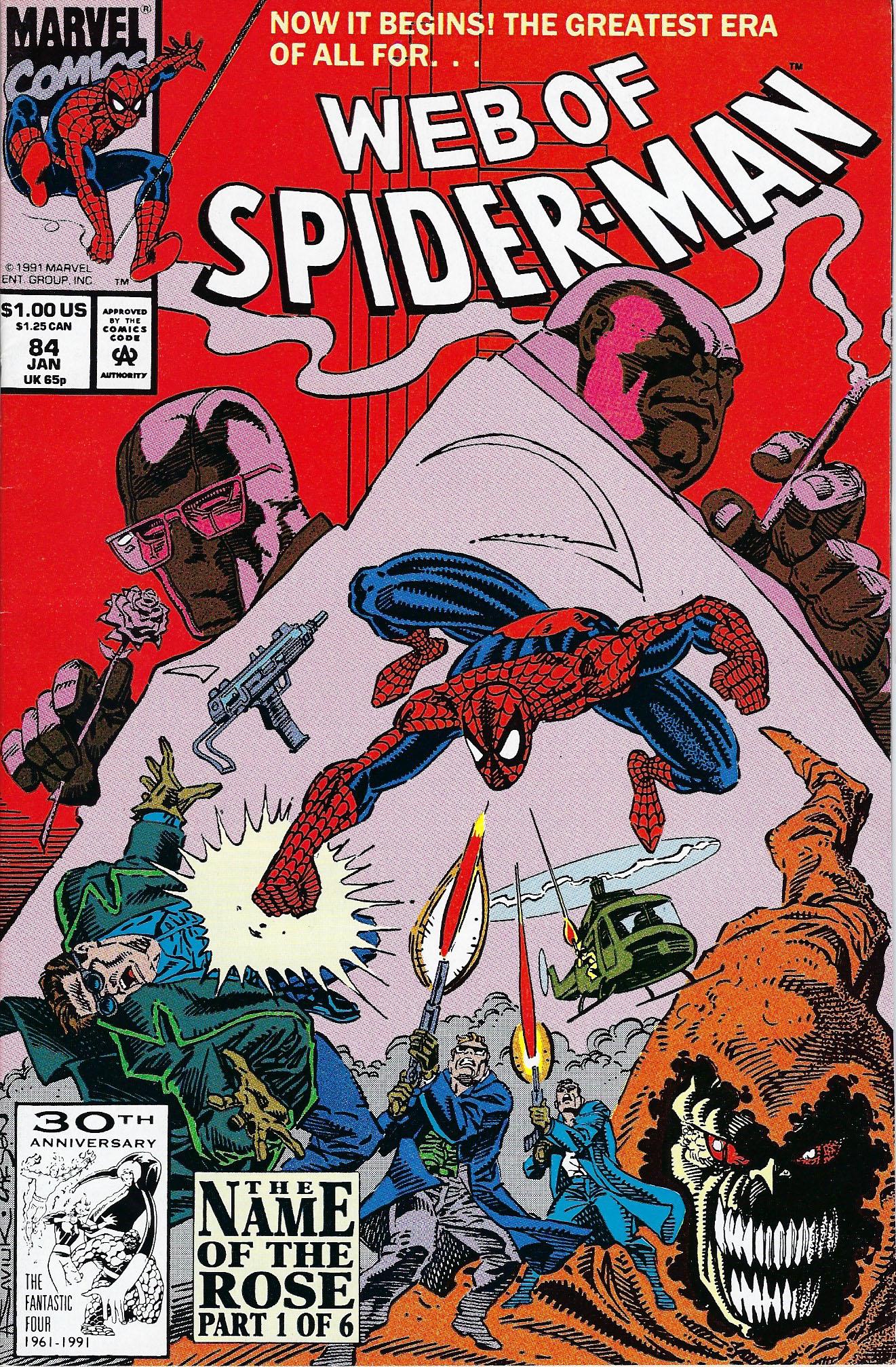 Web of Spider-Man Marvel Comic Book #84: Web of Spider-Man #84, 1992, Rose and Kingpin, Hobgoblin cameo. "Family Ties" Part 1 of 6. Script by Howard Mackie. Pencils by Alex Saviuk. Inks by Keith Williams. Cover by Alex Saviuk and Eric Larsen