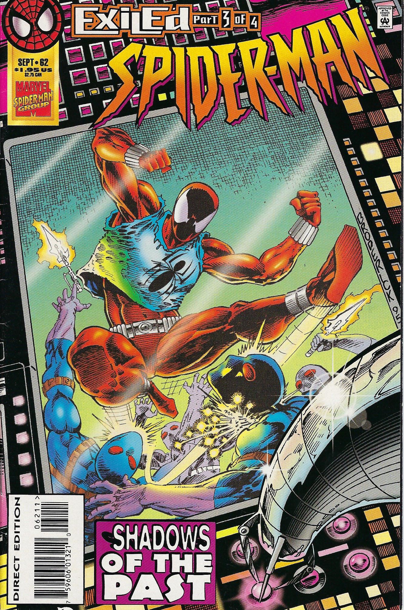 Spider-Man Marvel Comic Book #62: Spider-Man #62, 1995, "Look Down" Exiled Part 3 of 4. Script by Howard Mackie. Pencils by Tom Lyle. Inks by Chris Ivy. Cover by Pat Broderick. Story continues from Amazing Spider-Man 405. The Scarlet