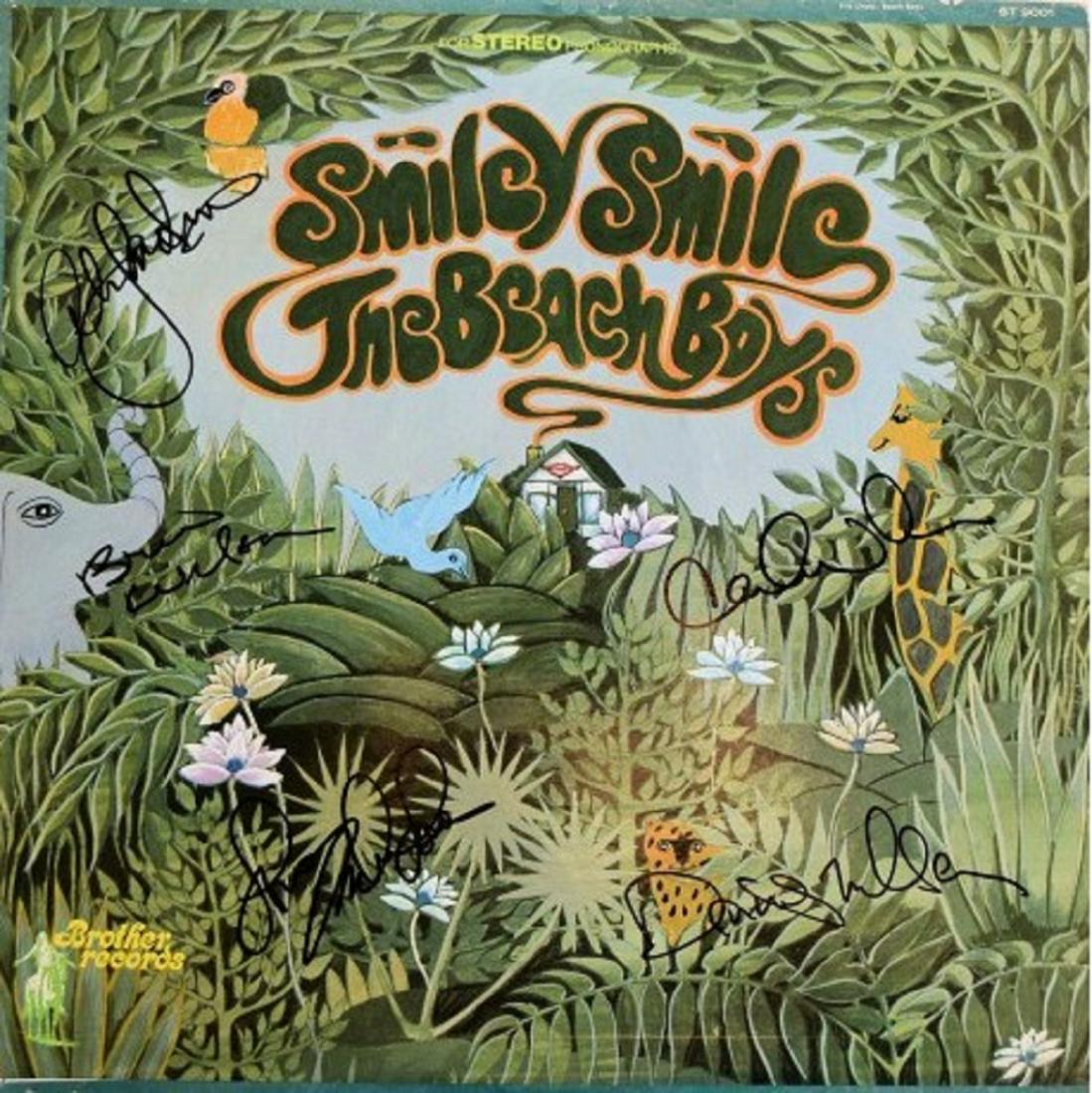 The Beach Boys signed "Smiley Smile" album: The Beach Boys 1967 "Smiley Smile" album autographed by Dennis Wilson, Brian Wilson, Carl Wilson, Al Jardine and Love Mike Love.