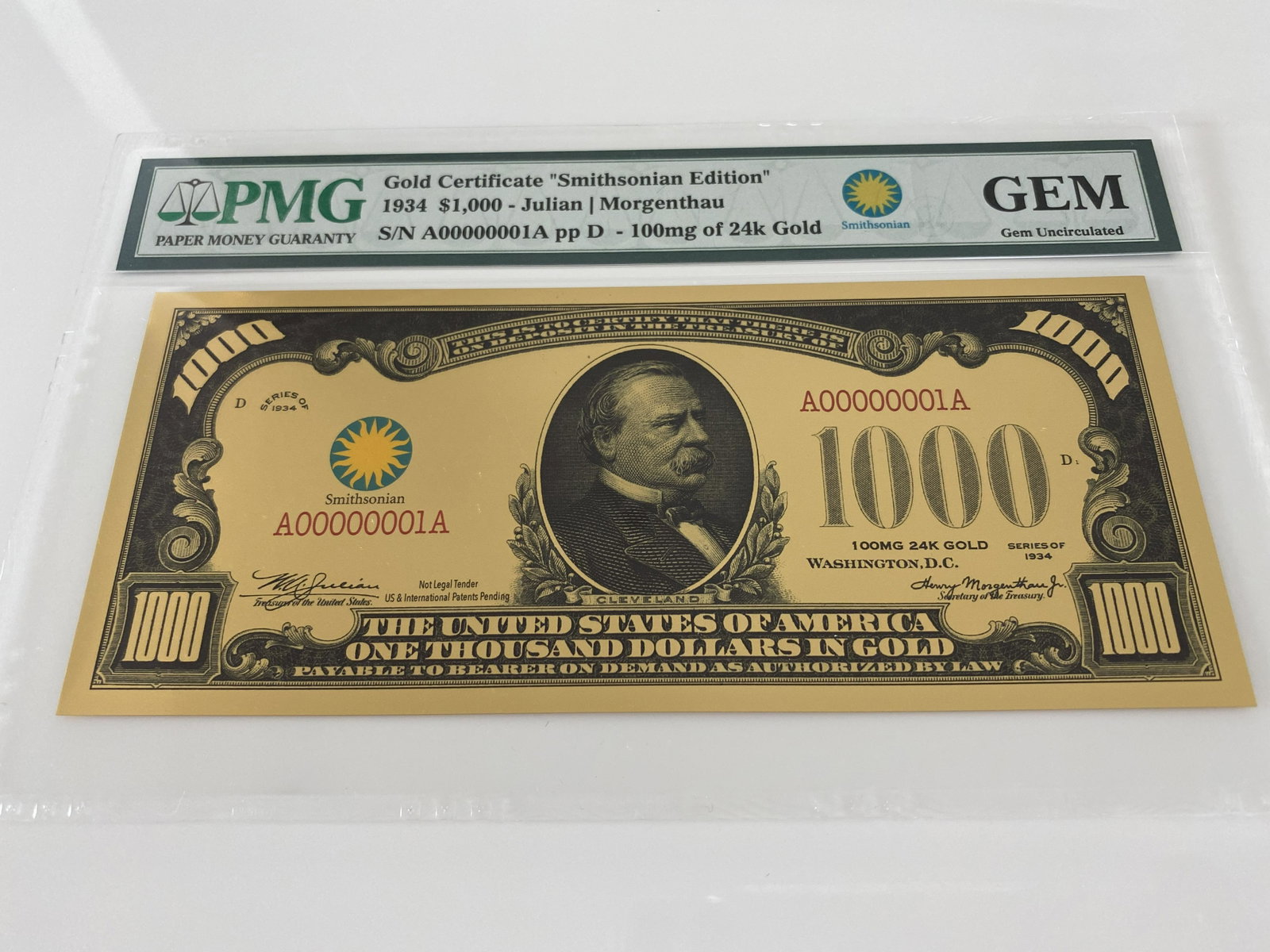$1,000 gold mint bill: Smithsonian Series 1934 $1,000 24K Gold Certificate PMG Gem