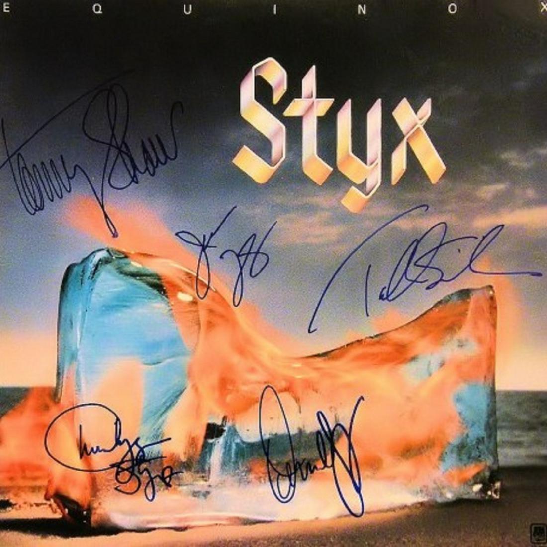 Styx signed "Equinox" album: Styx 1975 "Equinox" album autographed by Todd Sucherman, Tommy Shaw, Dennis DeYoung, James Young and Chuck Panozzo.