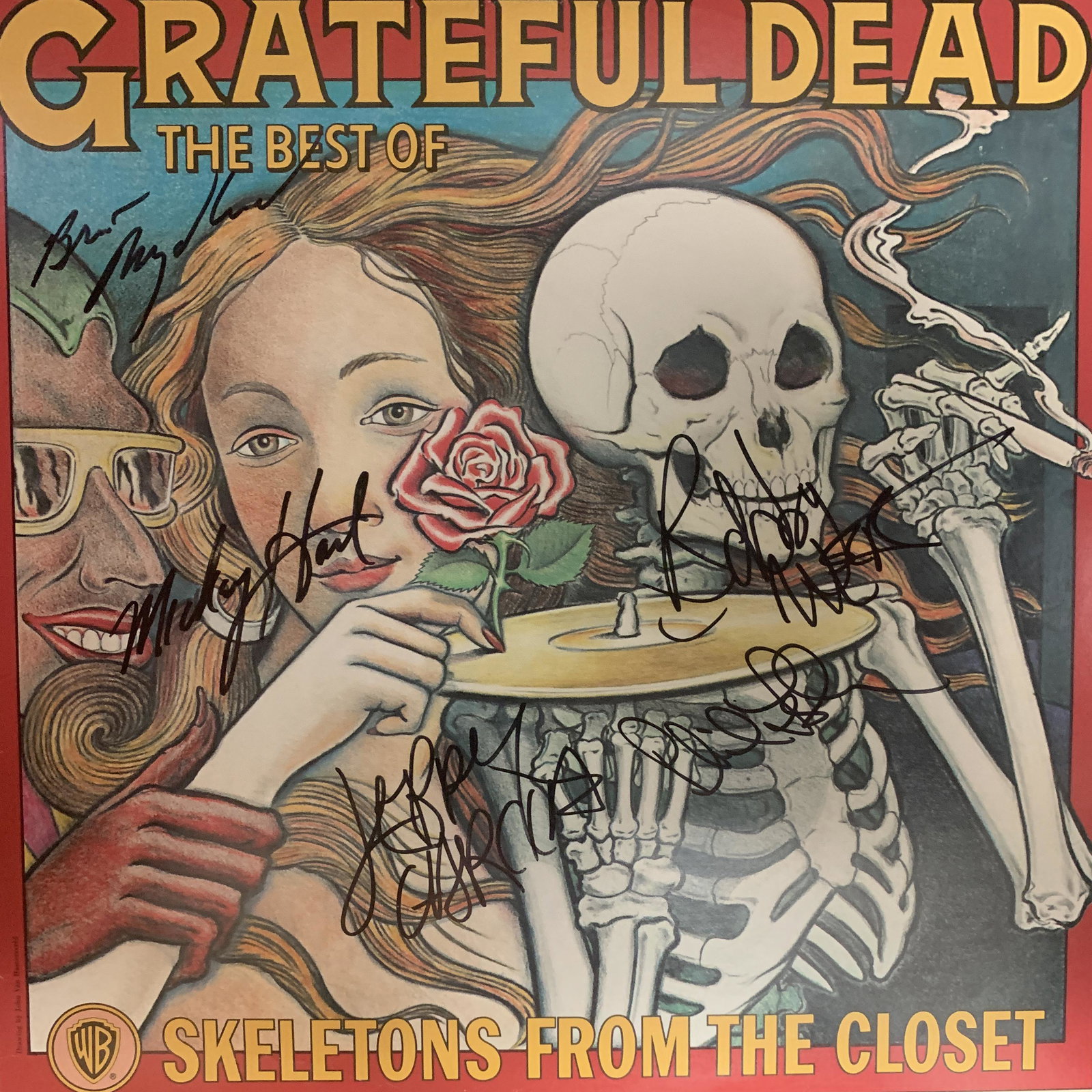 Grateful Dead Skeletons From The Closet signed record: Grateful Dead Skeletons From The Closet signed album autographed by Jerry Garcia, Mickey Hart, Brent Mydland, Bob Weir and Phil Lesh. Vinyl included