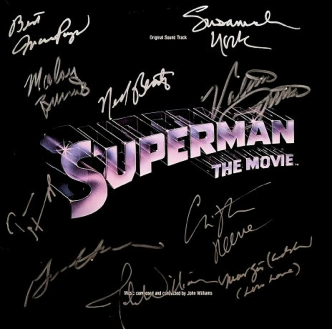 Signed original "Superman: The Movie" soundtrack album: 1978 original music to the motion picture "Superman: The Movie" autographed by Marlon Brando, Christopher Reeve, Margot Kidder (Lois Lane), Ned Beatty, Gene Hackman, Susannah York, John Williams, Trev