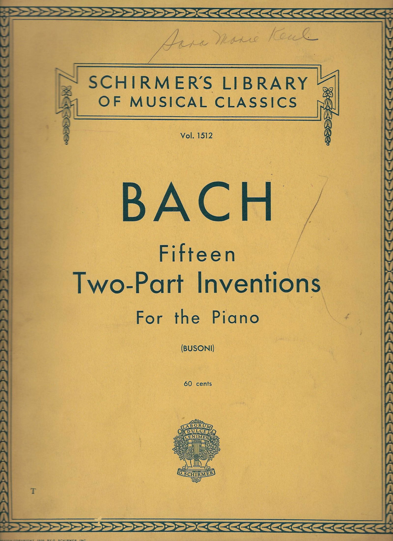 Johann Sebastian Bach Fifteen Two Part Inventions for: Johann Sebastian Bach Fifteen Two Part Inventions for the Piano Sheet Music Edited by W. Mason, part of the â€˜Schirmer's Library Of Musical Classicsâ€™ series.
