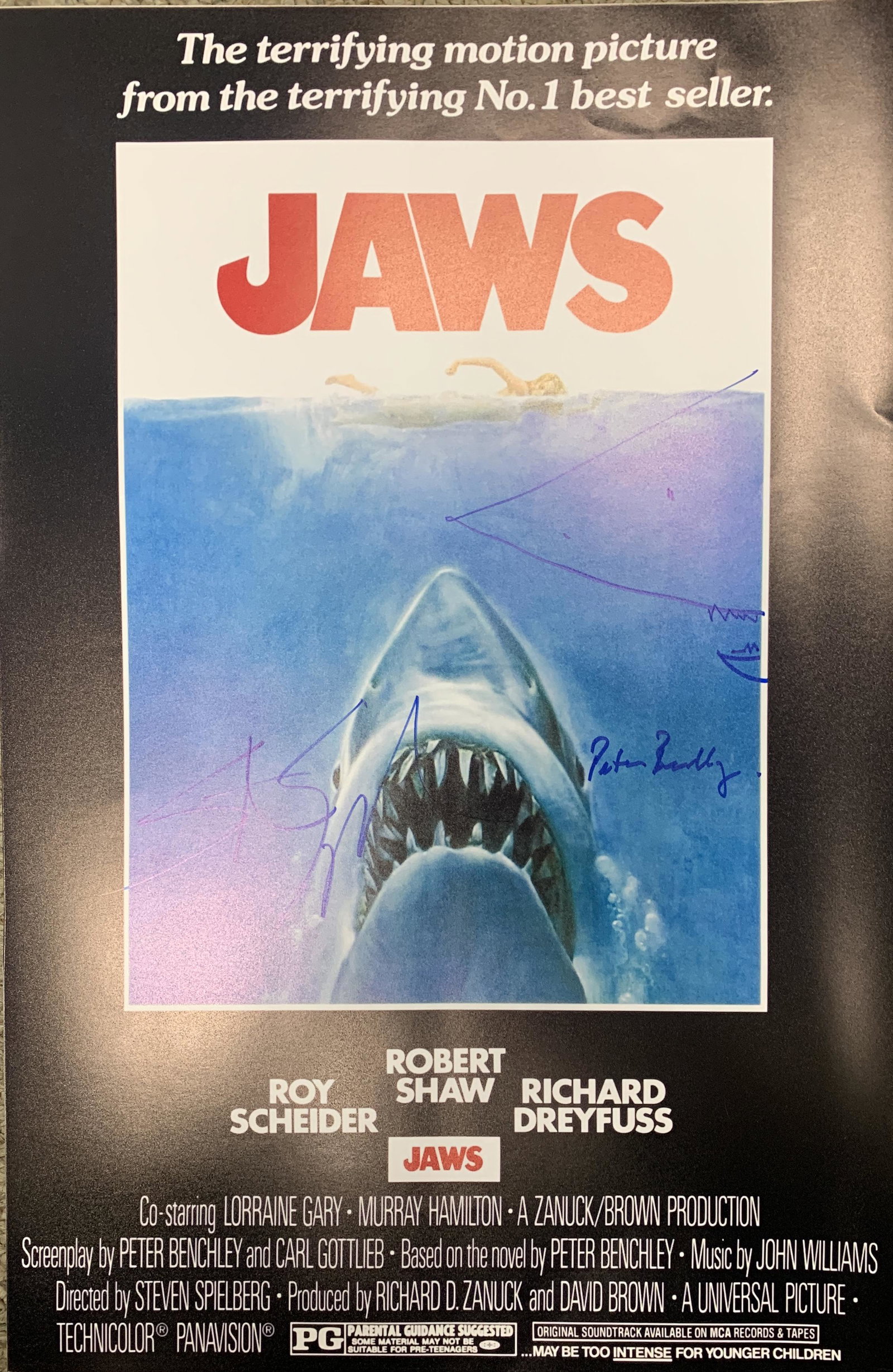 Jaws signed mini poster: Jaws signed mini poster autographed by Peter Benchley and Steven Spielberg. 14x21 Inches