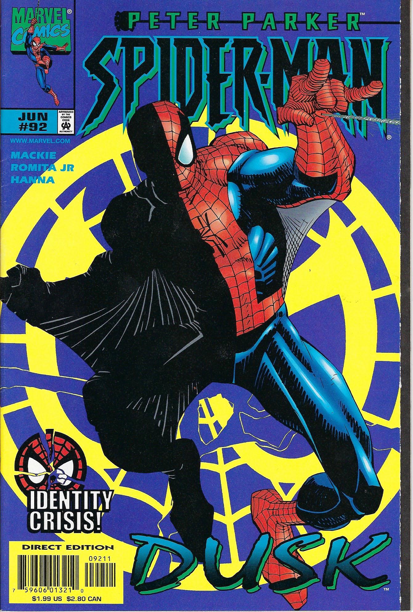 Spider-Man Marvel Comic Book #92: Spider-Man #92, 1990, "Stuck in the Middle with You" Identity Crisis Part 6 of 8. (Peter Parker as Dusk Part 2 of 2.) Script by Howard Mackie. Pencils by John Romita Jr. Inks by Scott Hanna. Cover by 