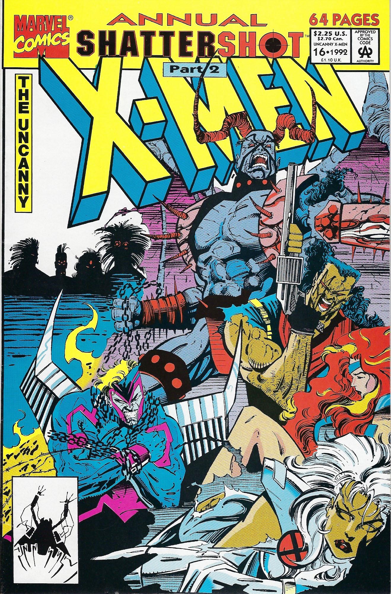 The Uncanny X-Men Annual Marvel Comic Book #16: The Uncanny X-Men Annual #16, 1992, Shattershot part 2, "The Masters of Inevitability." Script by Fabian Nicieza, pencils by Jae Lee, inks by Jan Harps and Joe Rubinstein. "Death of Angel." Script by
