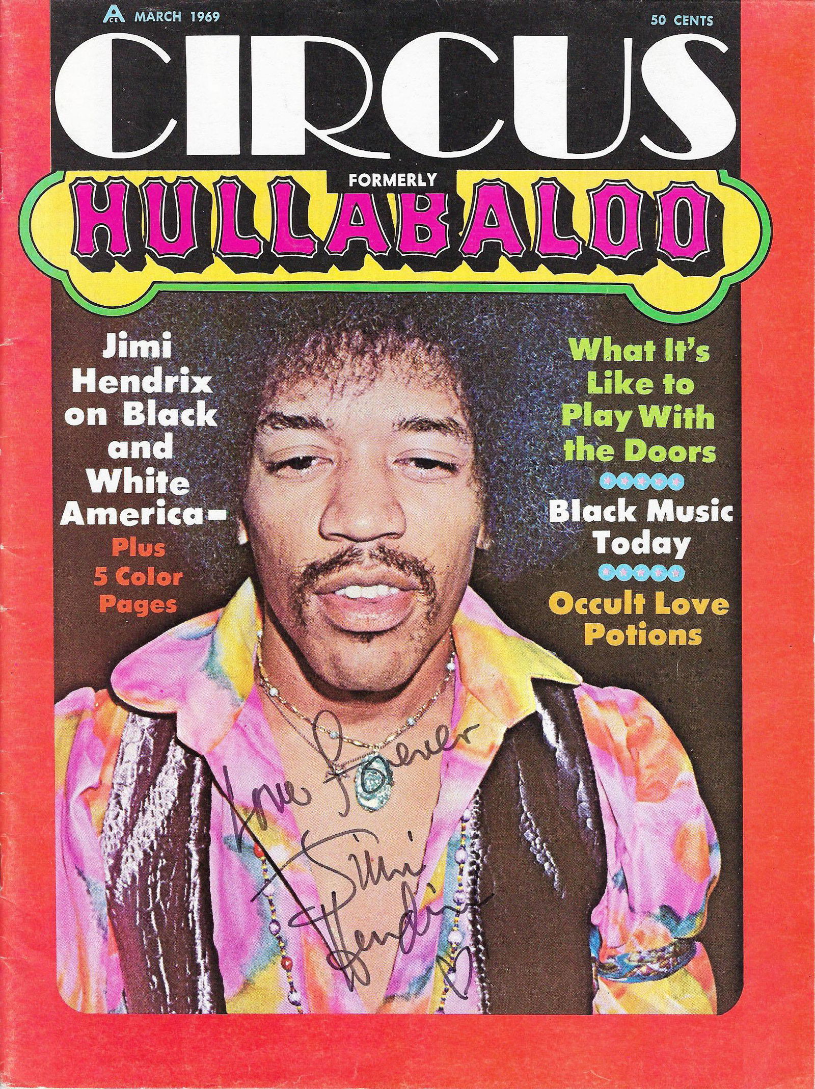 Jimi Hendrix signed magazine cover: Jimi Hendrix signed Circus 1969 magazine cover