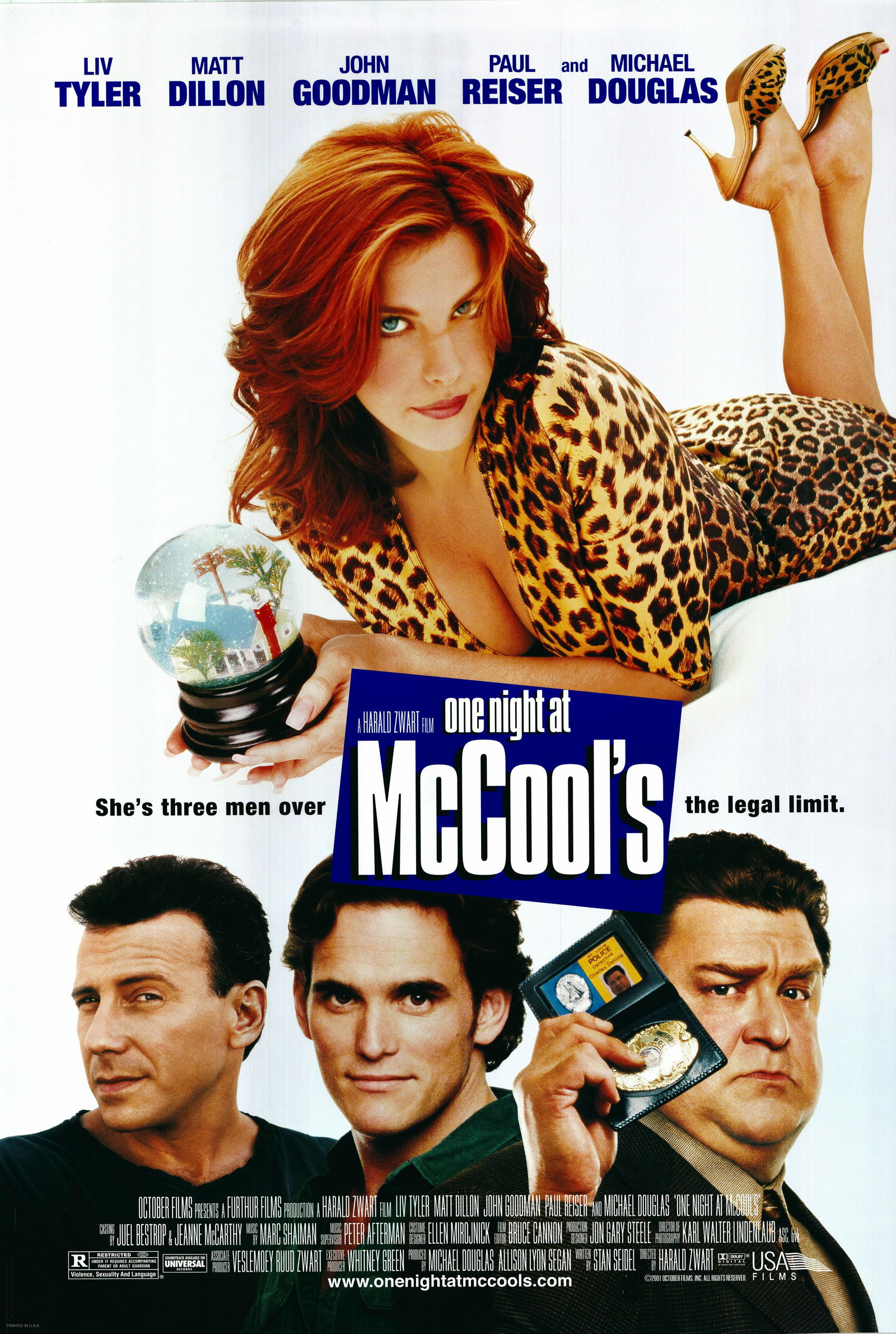 One Night at McCool's 2001 original movie poster: One Night at McCool's is a 2001 American dark comedy film written by Stan Seidel, directed by Harald Zwart, and starring Liv Tyler, Matt Dillon, Paul Reiser, John Goodman, Michael Douglas, and Andrew