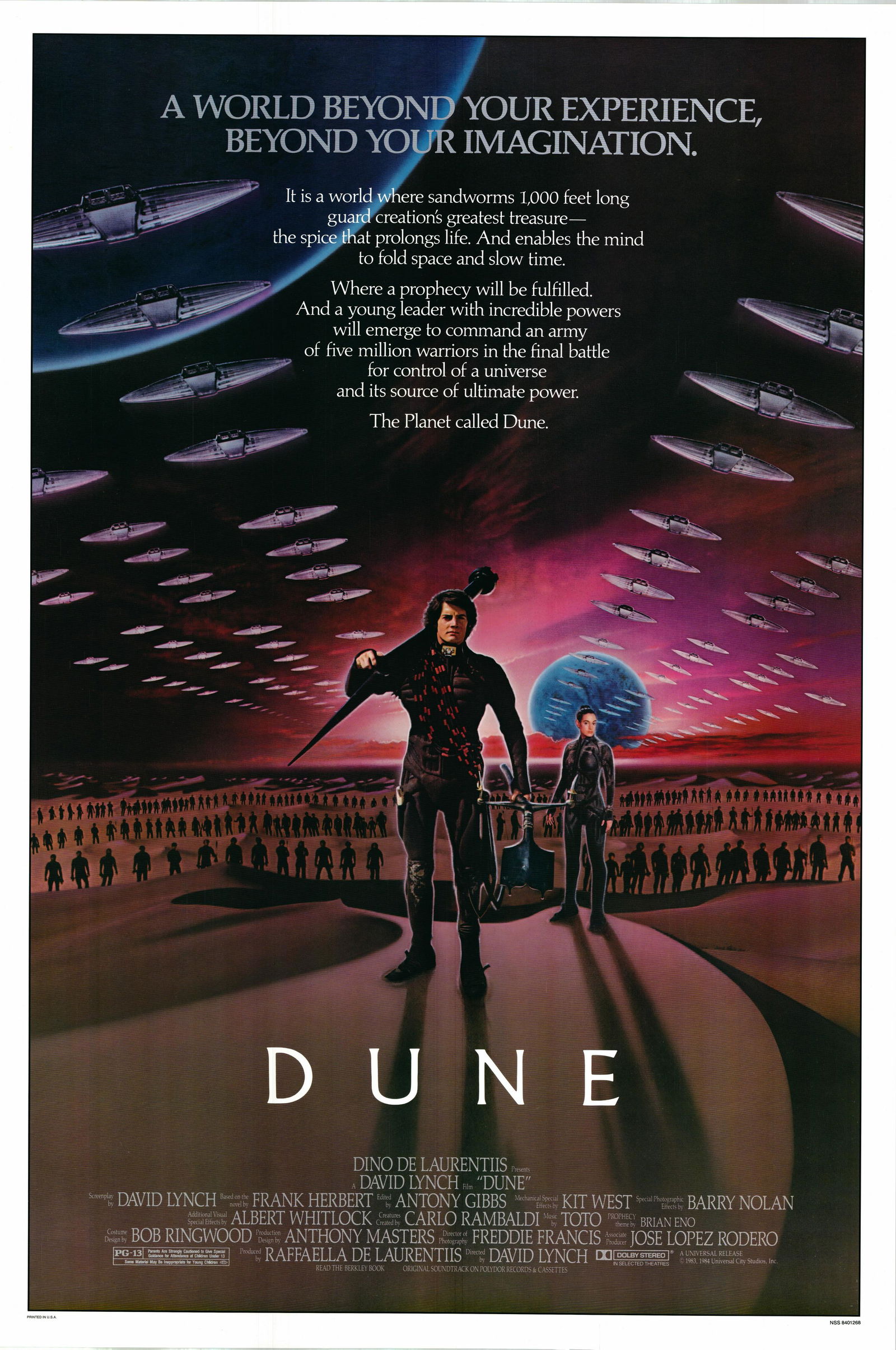 Dune 1984 original vintage movie poster: Dune is a 1984 American epic science fiction film written and directed by David Lynch and based on the 1965 Frank Herbert novel of the same name. The film stars Kyle MacLachlan (in his film debut) as