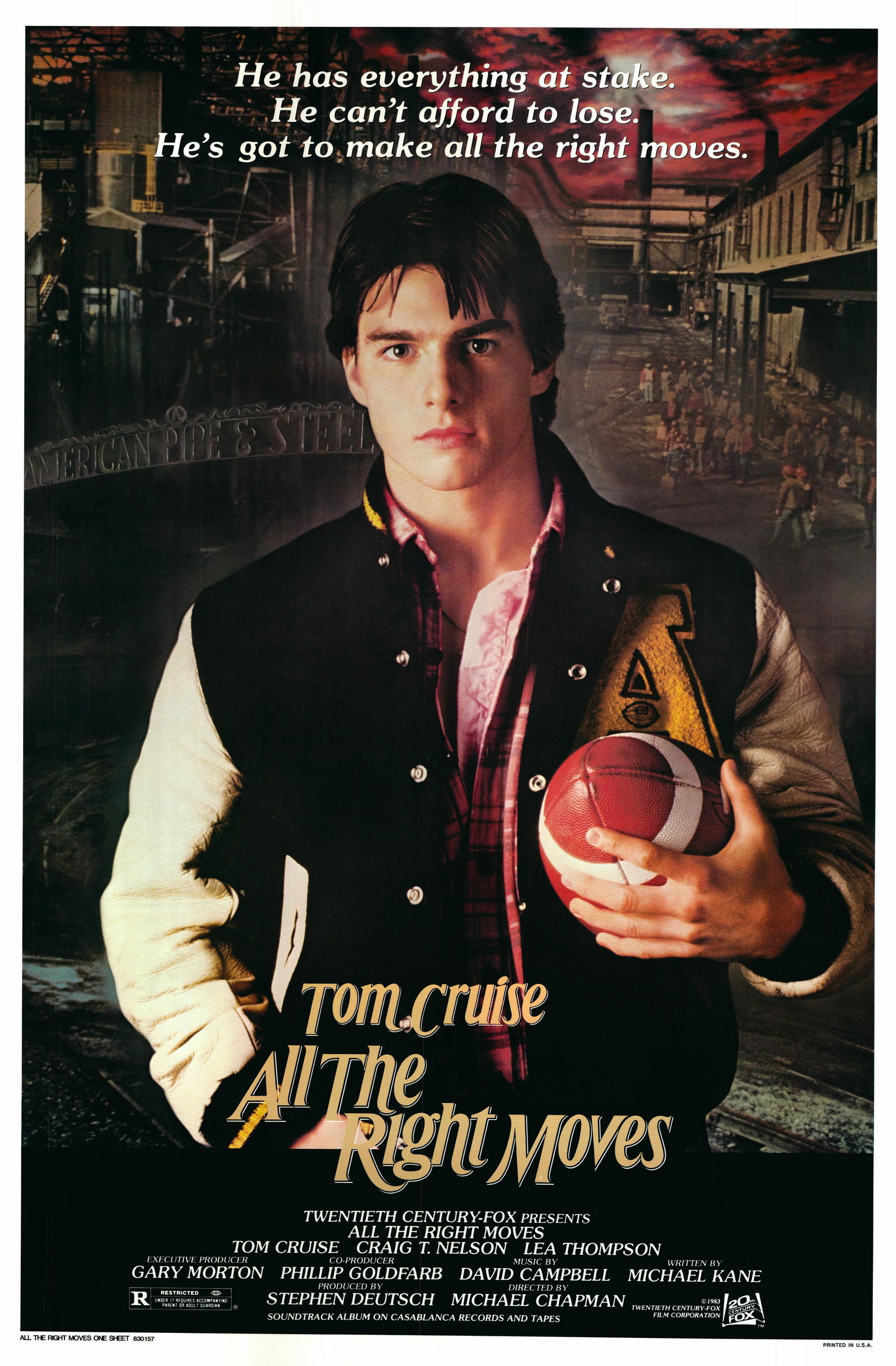 All the Right Moves 1983 original vintage movie poster: All the Right Moves is a 1983 American sports drama film directed by Michael Chapman and starring Tom Cruise, Craig T. Nelson, Lea Thompson, Chris Penn, and Gary Graham. It was filmed on location in J