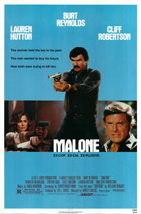 Malone 1987 original vintage movie poster: Malone is a 1987 American action thriller film starring Burt Reynolds in the eponymous role alongside Cliff Robertson, Cynthia Gibb, Lauren Hutton, Scott Wilson, and Kenneth McMillan. It is an adaptat