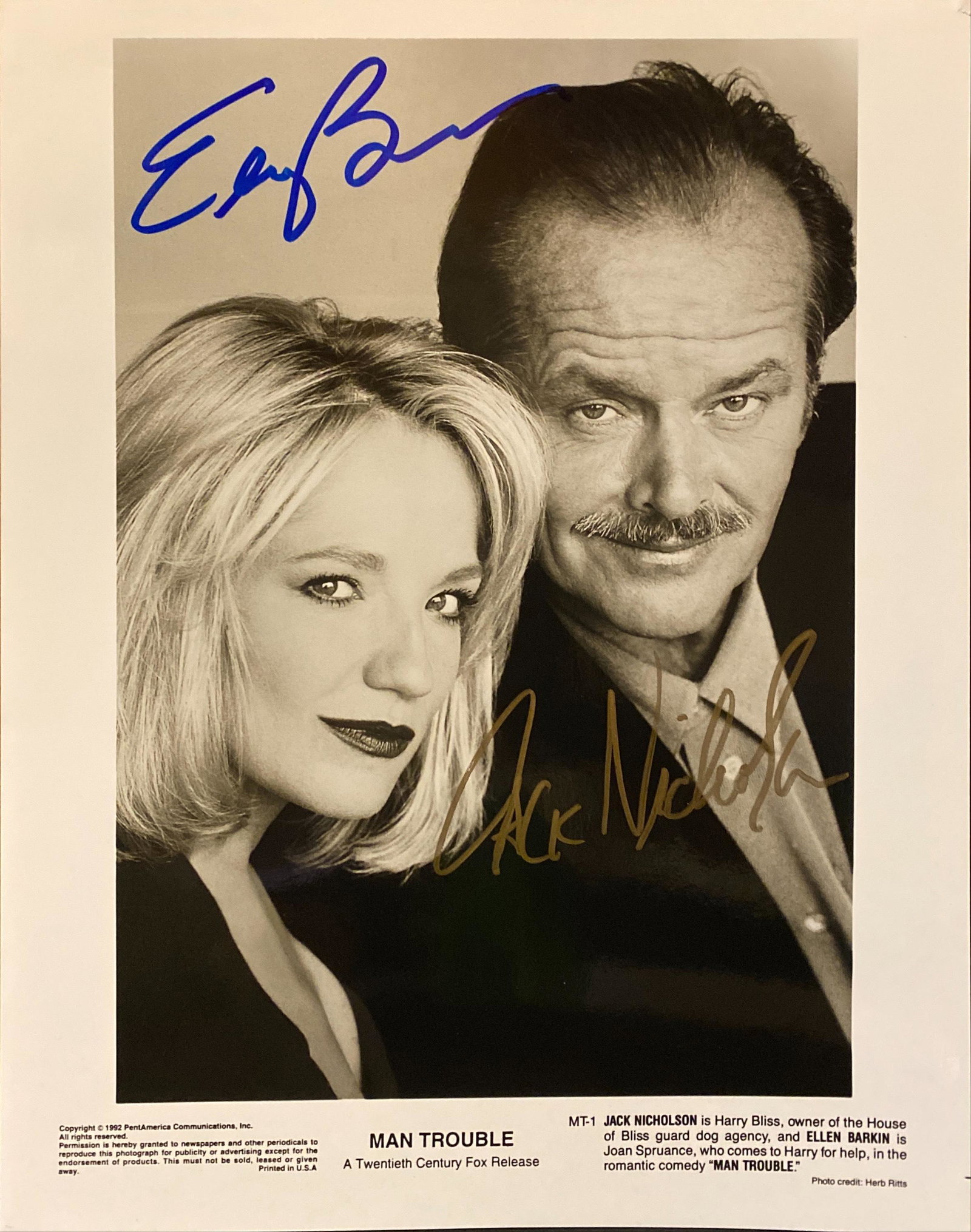 Man Trouble Jack Nicholson and Ellen Barkin signed: Man Trouble signed movie photo autographed by Jack Nicholson and Ellen Barkin. 8X10 Inches