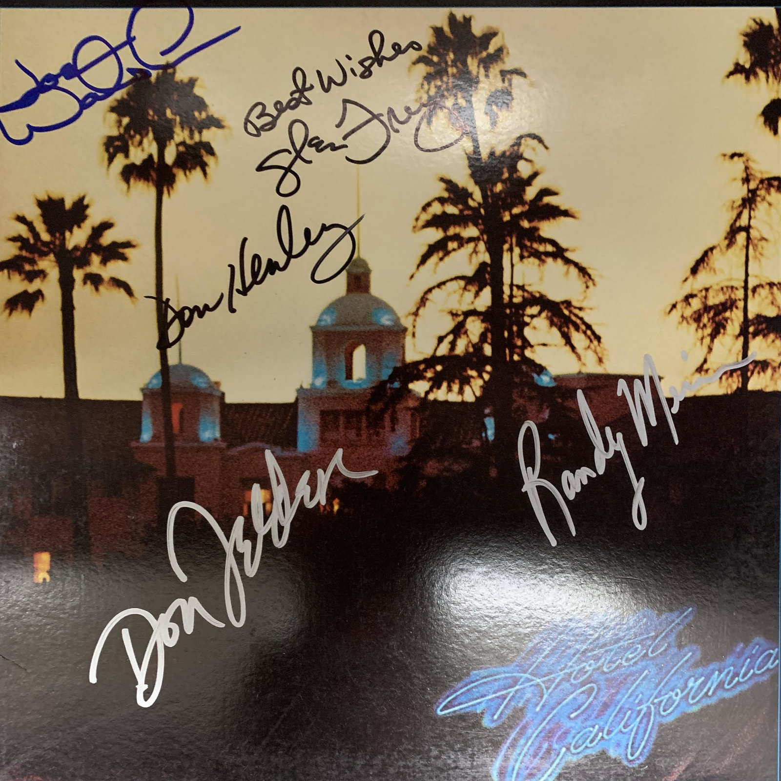 The Eagles Hotel California signed album: The Eagles Hotel California signed album autographed by Don Henley, Glenn Frey, Don Felder, Randy Meisner and Joe Walsh. 12x12 inches, vinyl included