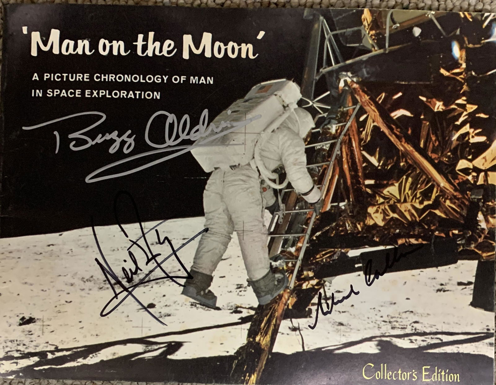 Apollo XI Man On The Moon 1969 signed book: Apollo XI Man On The Moon signed book autographed by Neil Armstrong, Buzz Aldrin and Michael Collins. 8x11 inches