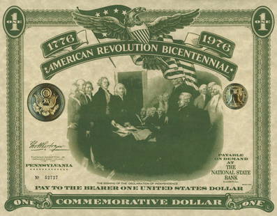 American Revolution Bicentennial Commemorative One: 1776-1976 American Revolution Bicentennial Commemorative One Dollar Certificate/ First Day Cover Pennsylvania, The Signing of the Declaration of Independence