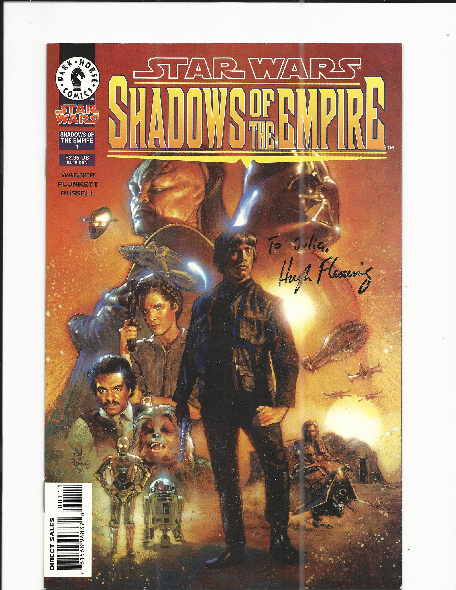 Star Wars 1996 Shadows of the Empire Hugh Fleming: Star Wars 1996 Shadows of the Empire signed comic autographed by Hugh Fleming . Written by John Wagner. Art by Kilian Plunkett and P. Craig Russell. Cover by Hugh Fleming. While a grim Luke Skywalker 