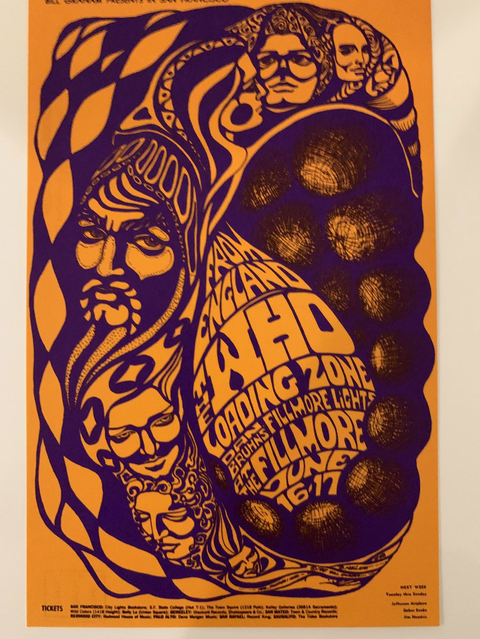 The Who Jimi Hendrix Jefferson Airplane 1967 BG 68: This is an ORIGINAL postcard/handbill (approx. 4 1/2" x 7 1/8", and printed prior to the shows) that was used to promote a series of shows featuring The Who & Loading Zone (card also promotes the foll
