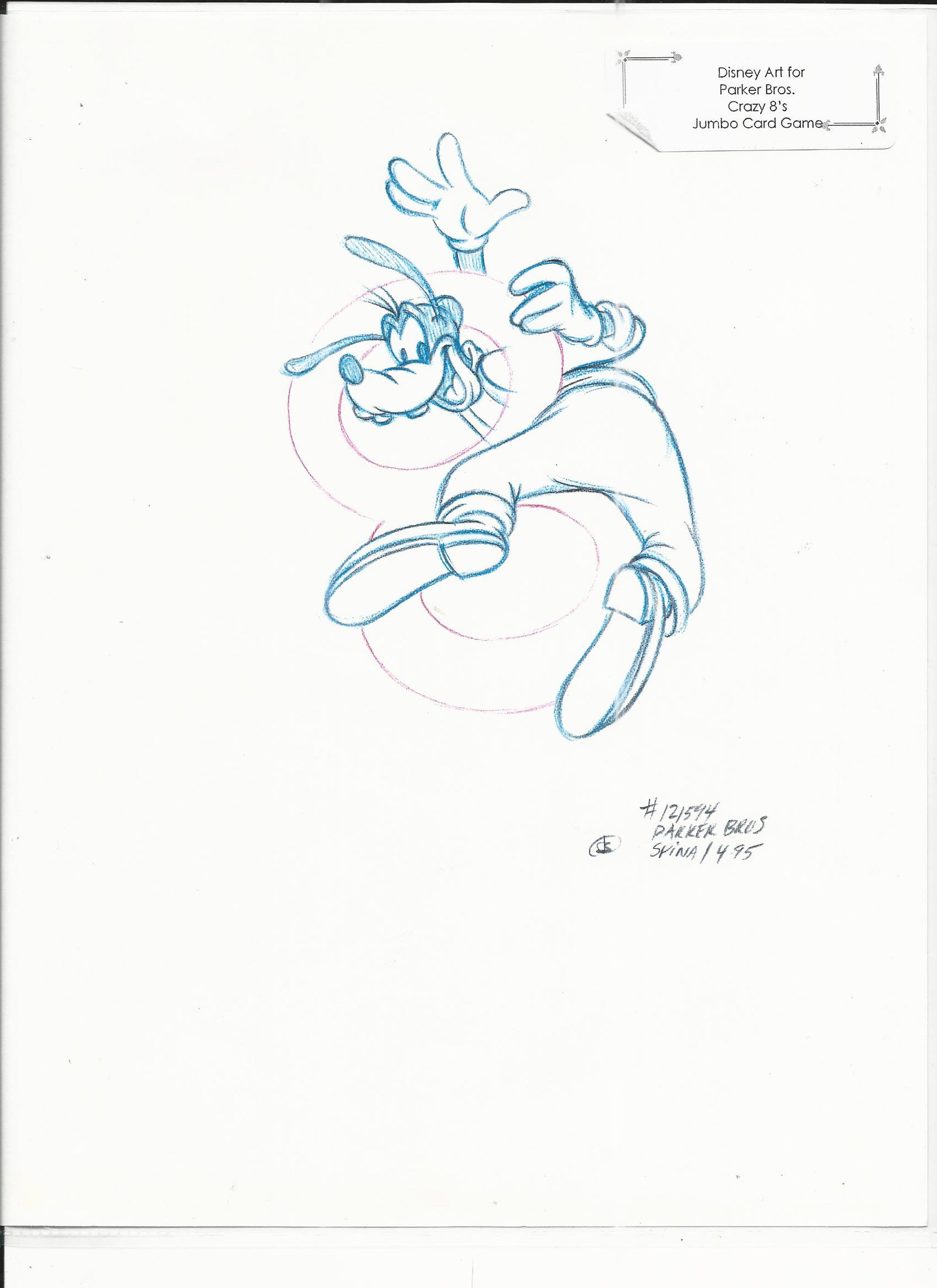 Disney Goofy original hand drawn art for Parker Bros.: Disney Goofy original hand drawn vintage art for Parker Bros. Hasbro Crazy 8's Jumbo Card Game. 8.5 x 11 inches