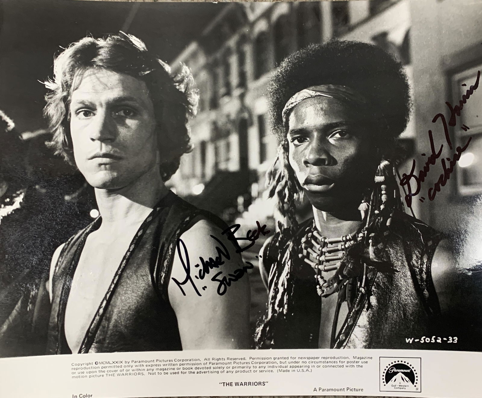 The Warriors cast signed photo: The Warriors cast signed photo autographed by Michael Beck and David Harris. 8x10 inches