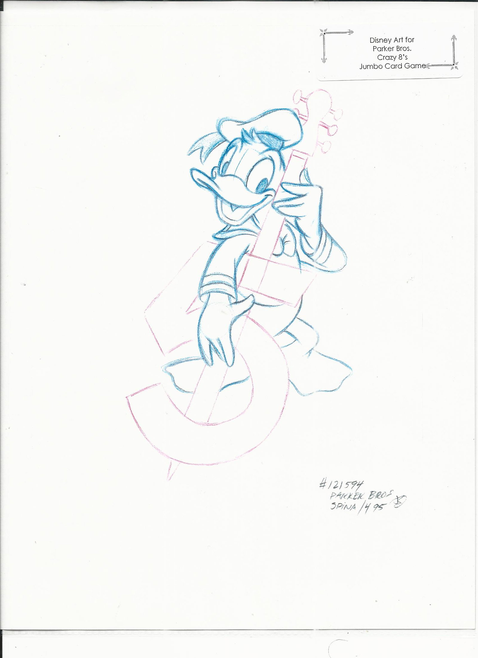 Disney Donald Duck original hand drawn art for Parker: Disney Donald Duck original hand drawn vintage art for Parker Bros. Hasbro Crazy 8's Jumbo Card Game. 8.5 x 11 inches