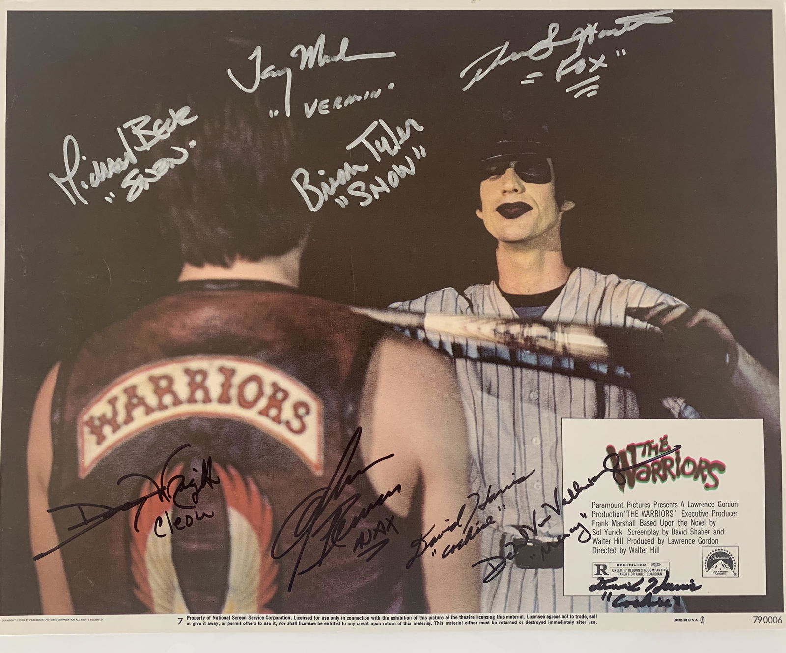 The Warriors signed lobby card: The Warriors signed lobby card autographed by Michael Beck, Terry Michos, Dorsey Wright, Thomas G. Waites, Brian Tyler, James Remar, Deborah Van Valkenburgh and David Harris. 11x14 inches