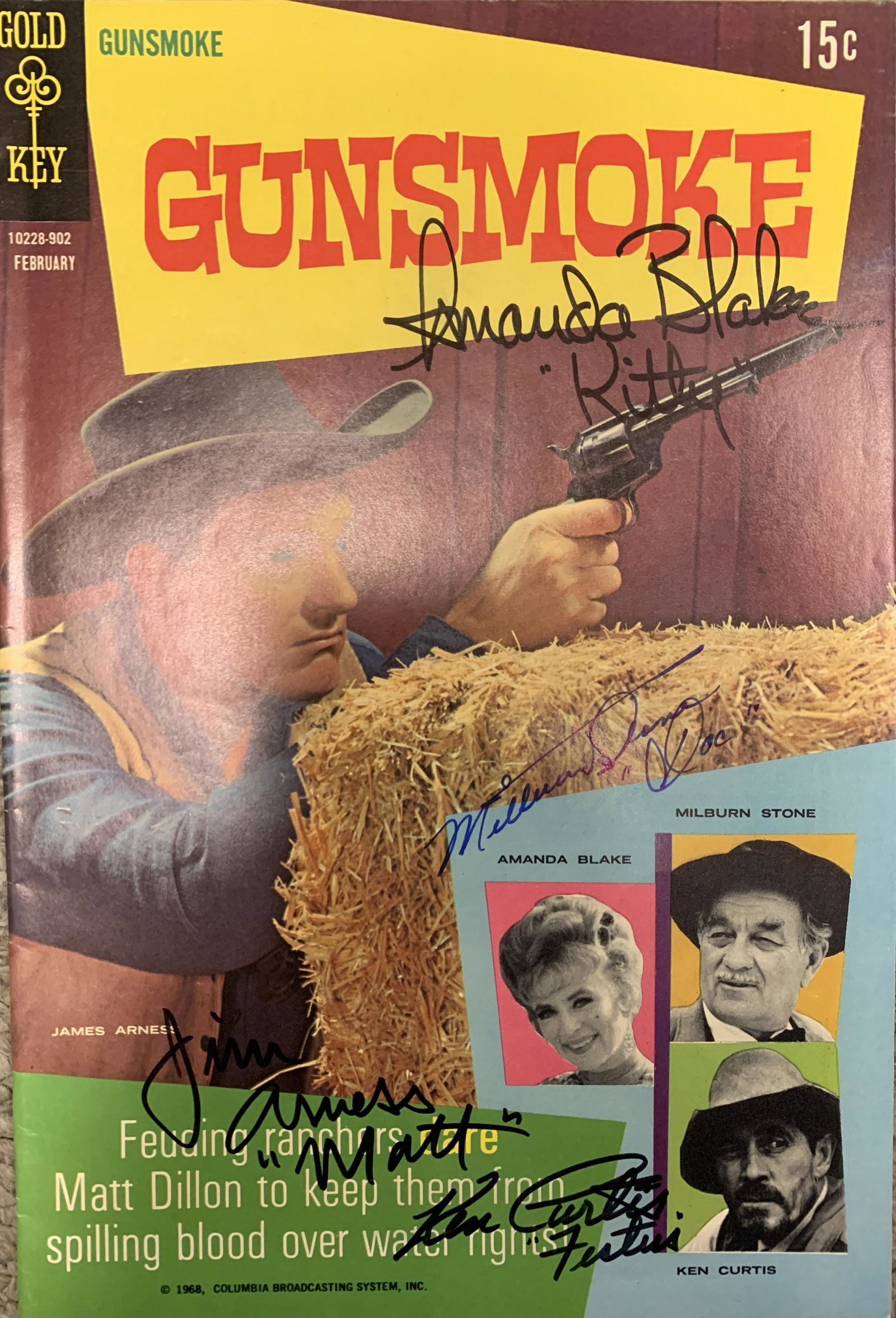 Gunsmoke cast signed comic book: Gunsmoke cast signed comic book autographed by James Arness, Milburn Stone, Amanda Blake and Ken Curtis. 7x9 inches