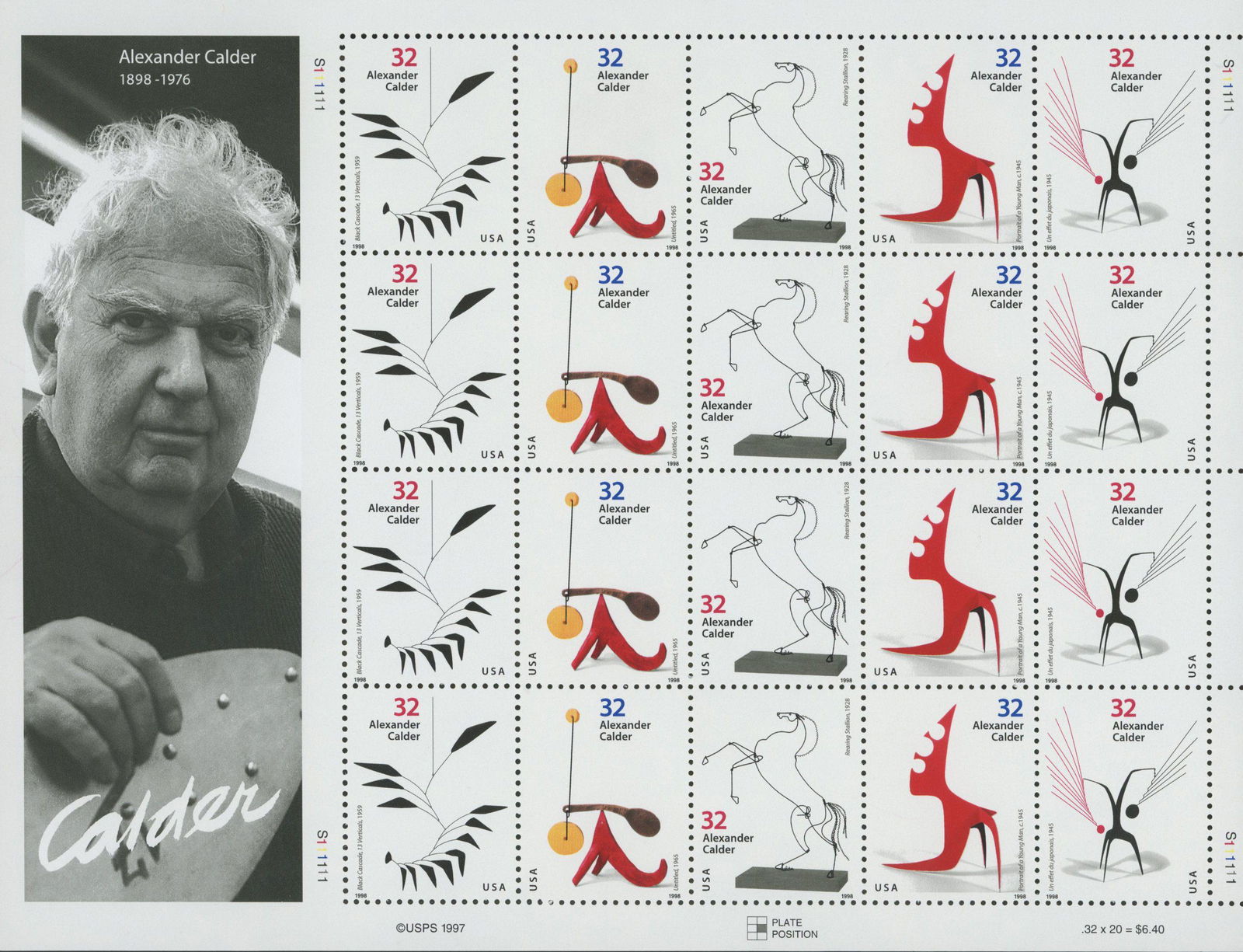 USPS Alexander Calder Full Stamp Sheet: USPS Alexander Calder Full Sheet, Cent Postage Stamps, USA 1997, Scott 3198-3202
