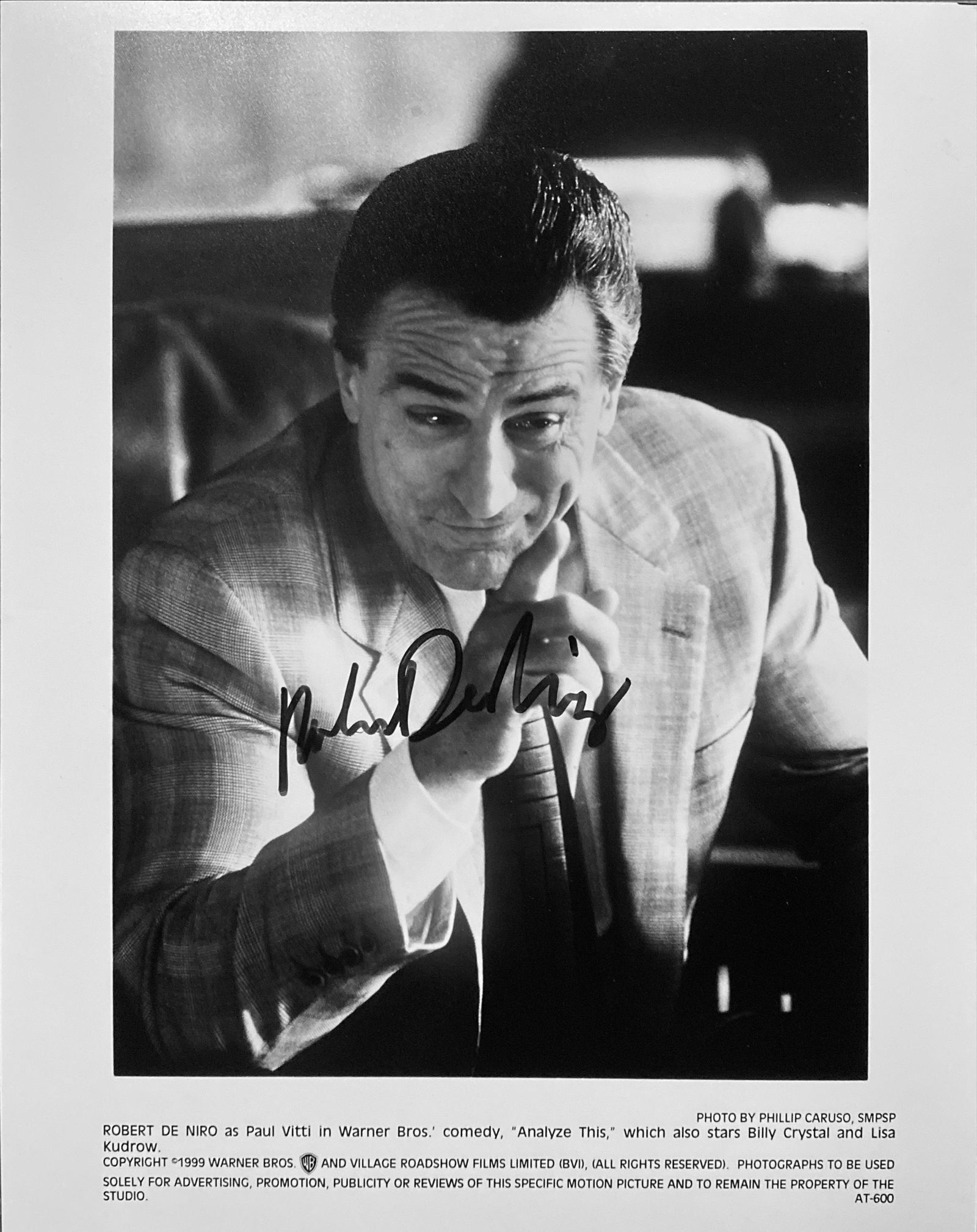 Robert De Niro signed "Analyze This" movie photo: Analyze This 8x10 movie photo autographed by Robert DeNiro.