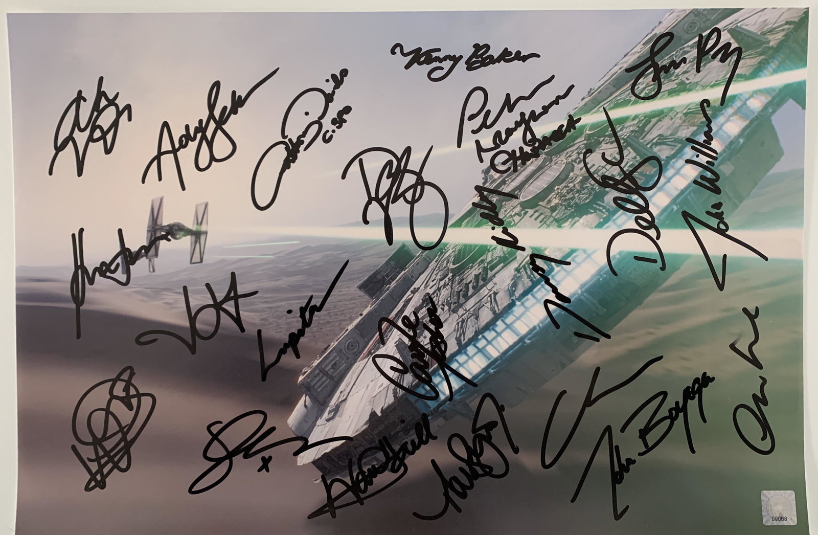 Star Wars The Force Awakens cast signed photo: Star Wars The Force Awakens cast signed photo autographed by Mark Hamill, Carrie Fisher, Harrison Ford, Anthony Daniels, Kenny Baker, Peter Mayhew, George Lucas, John Williams, Daisy Ridley, Adam Driv
