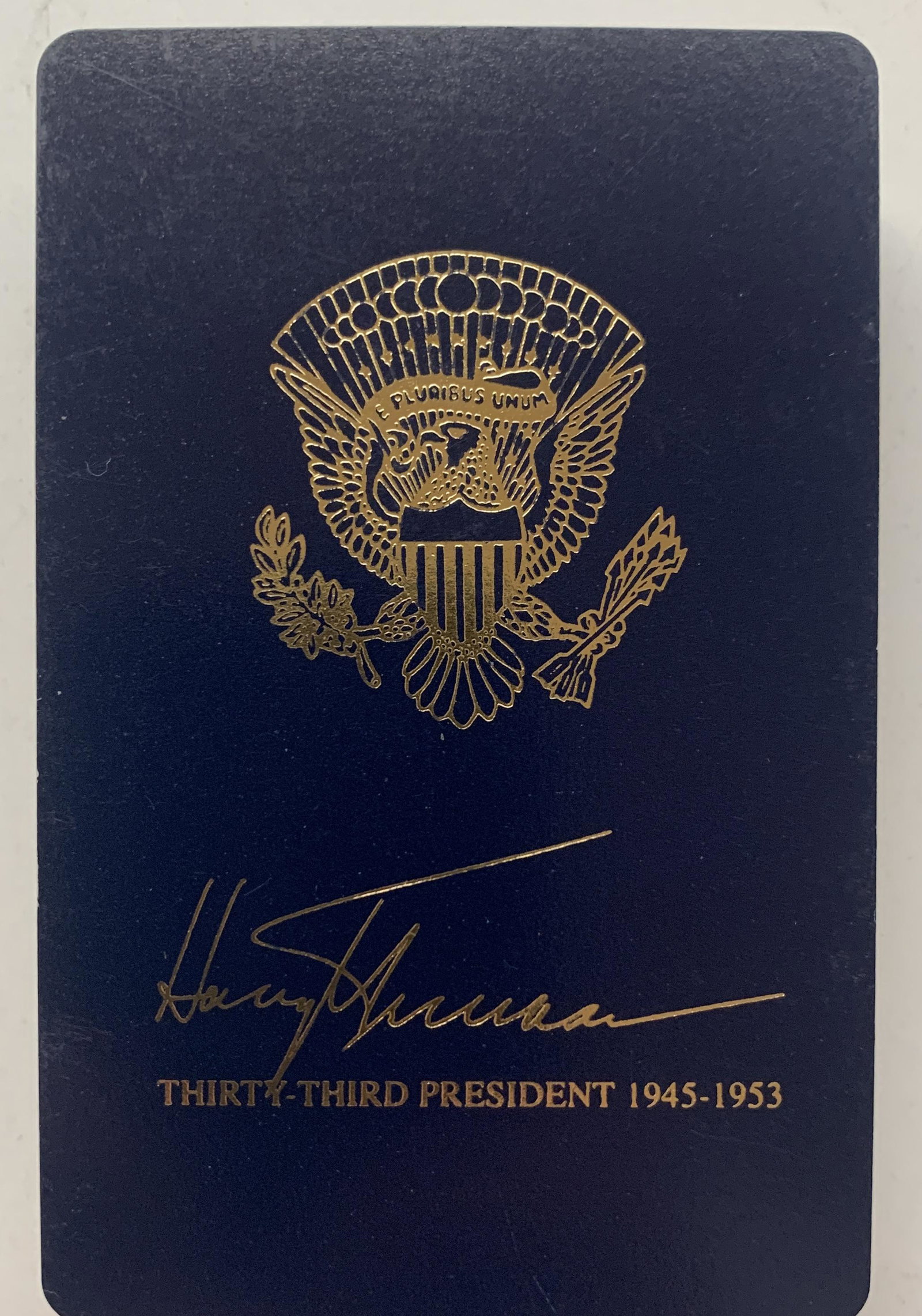 Harry Truman Presidential playing cards: Harry Truman Presidential Library playing cards. The backs also feature the image from the Seal of the President, a replica of Truman's signature, and the words "Thirty-Third President 1945-1953" in g