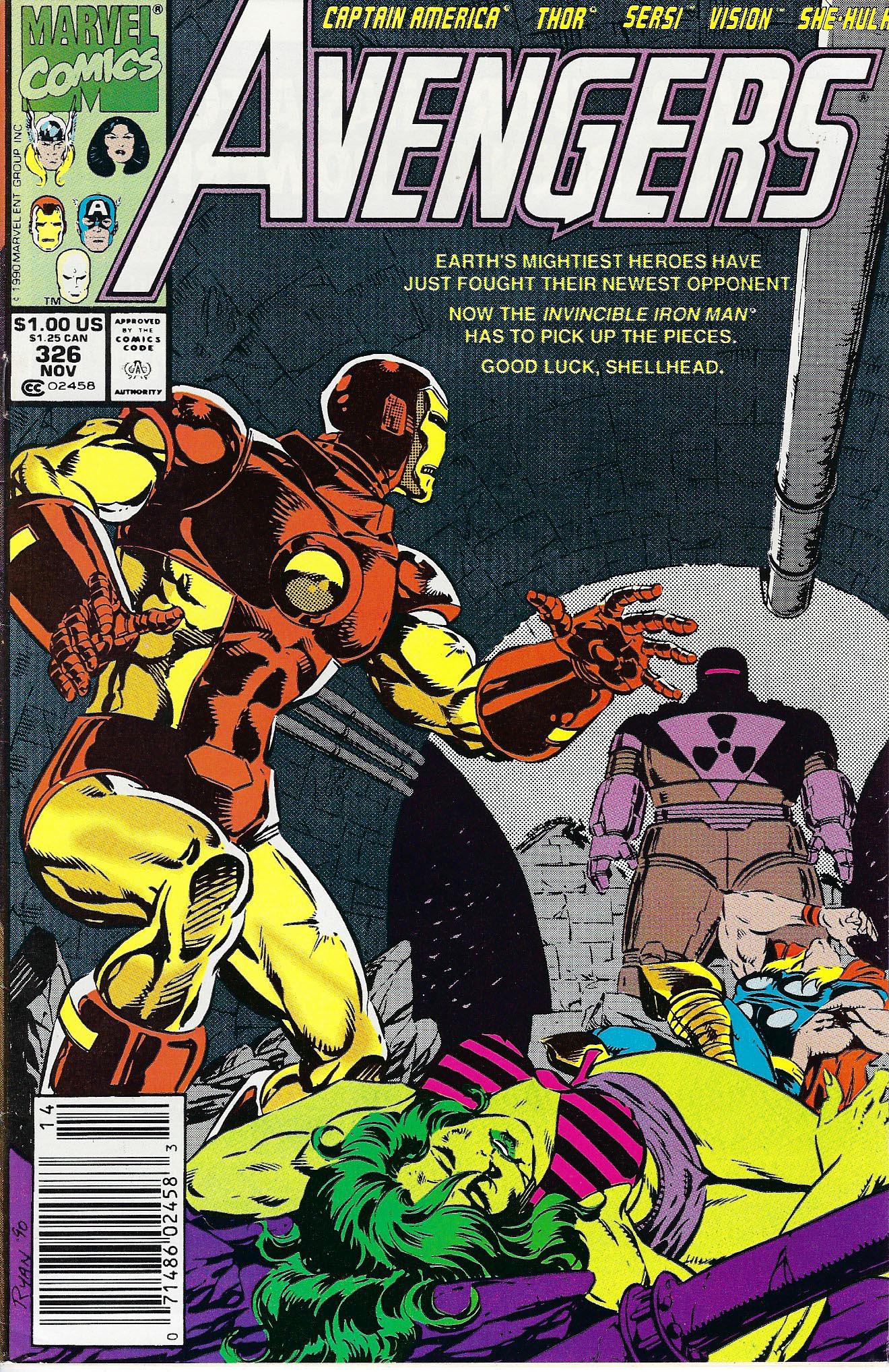 Avengers Marvel Comic Book #326: Avengers #326, Marvel, 1990, "Wind from the East" Part 1 of 3. First appearance of Rage. Script by Larry Hama. Pencils by Paul Ryan. Inks by Tom Palmer. Cover by Paul Ryan. Earth's Mightiest Heroes mo