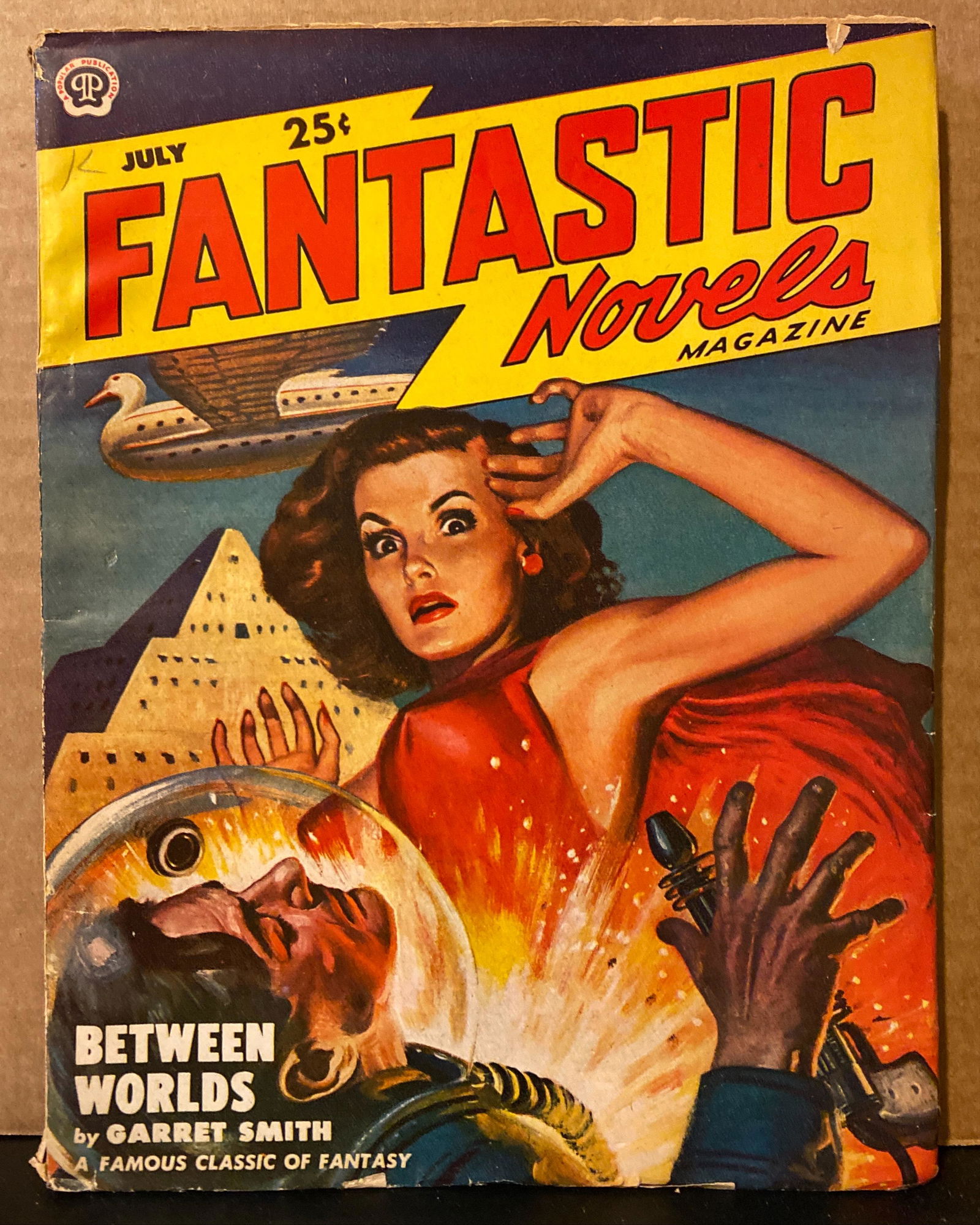 Fantastic Novels July 1949 original vintage pulp: Fantastic Novels July 1949 original vintage pulp magazine. Cover by Lawrence. "Between Worlds" by Garret Smith, "The Throw-Back" by L. R. Sherman, and "The Albino Otter" by Elmer Brown Mason. Softcove