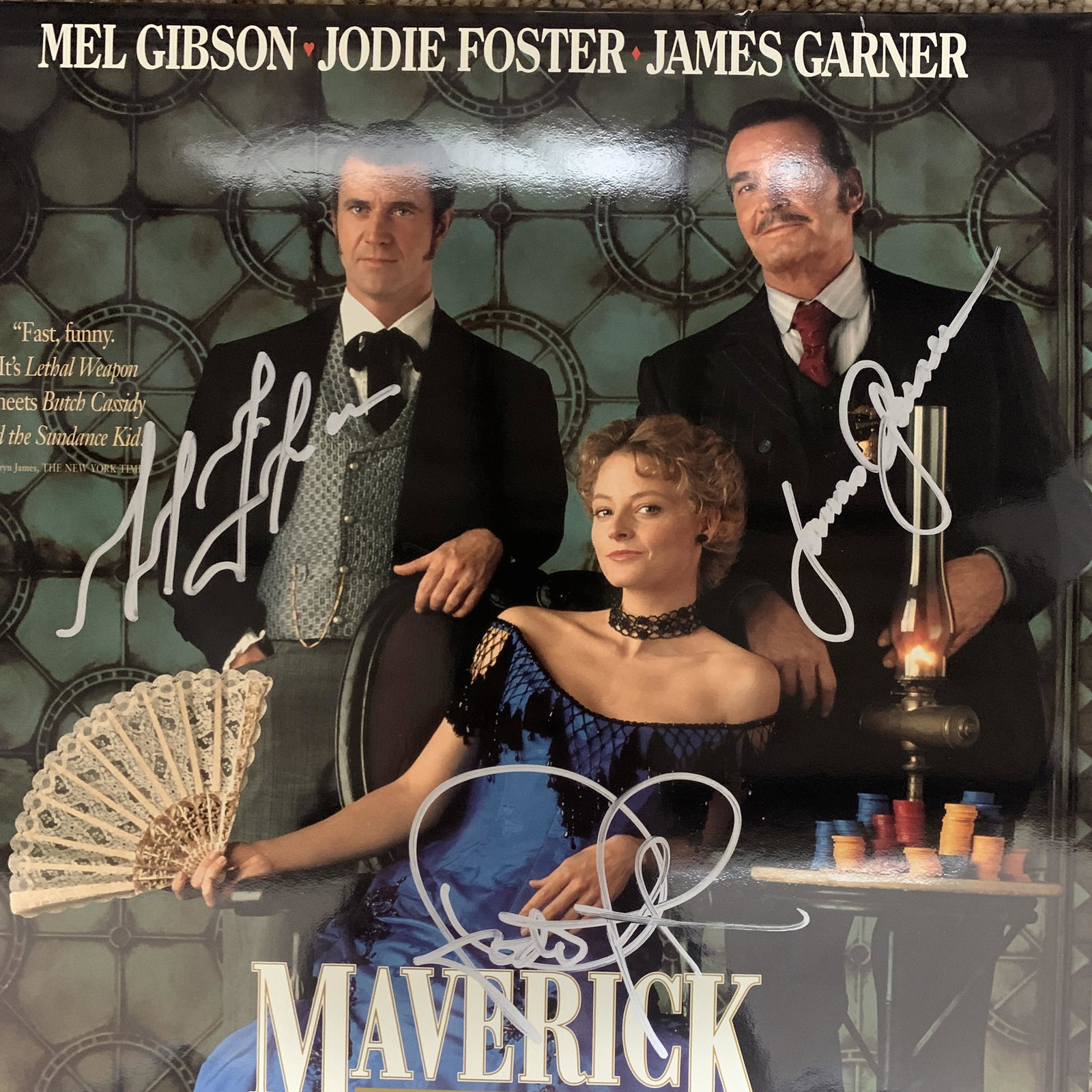 Maverick cast signed laser disc: Maverick cast signed laser disc autographed by Mel Gibson, Jodie Foster and James Garner. 12x12 inches. disc included