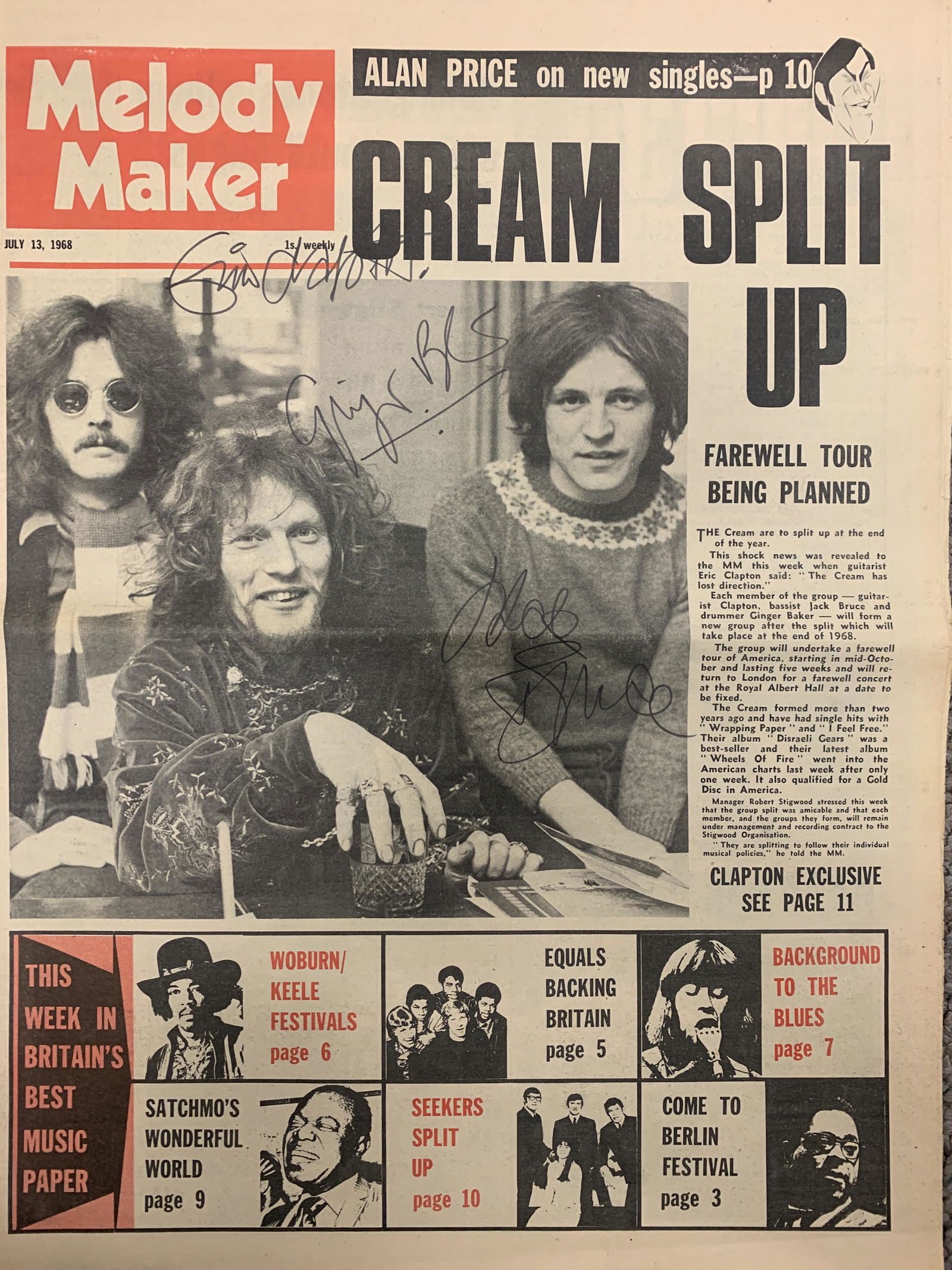 Cream signed Melody Maker newspaper: Cream signed Melody Maker newspaper autographed by Eric Clapton, Ginger Baker and Jack Bruce. 12x16 inches