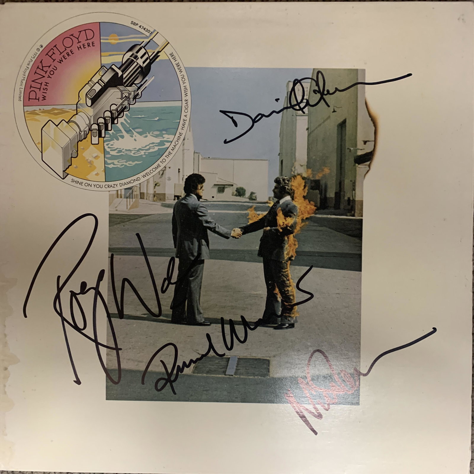 Pink Floyd Wish You Were Here signed album: Pink Floyd Wish You Were Here signed album autographed by Dave Gilmour, Richard Wright, Roger Waters and Nick Mason. 12x12 inches, vinyl included