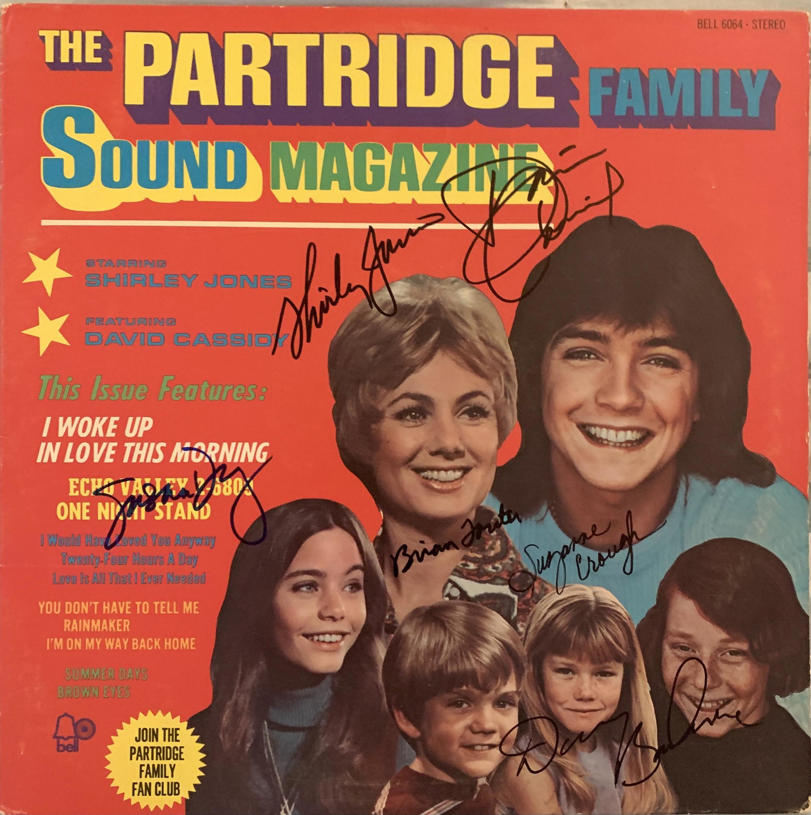 The Partridge Family Sound Magazine signed album: The Partridge Family Sound Magazine signed album autographed by Shirly Jones, David Cassidy, Danny Bonaduce, Susan Dey, Suzanne Crough and Brian Forster. 12x12 inches. Vinyl included