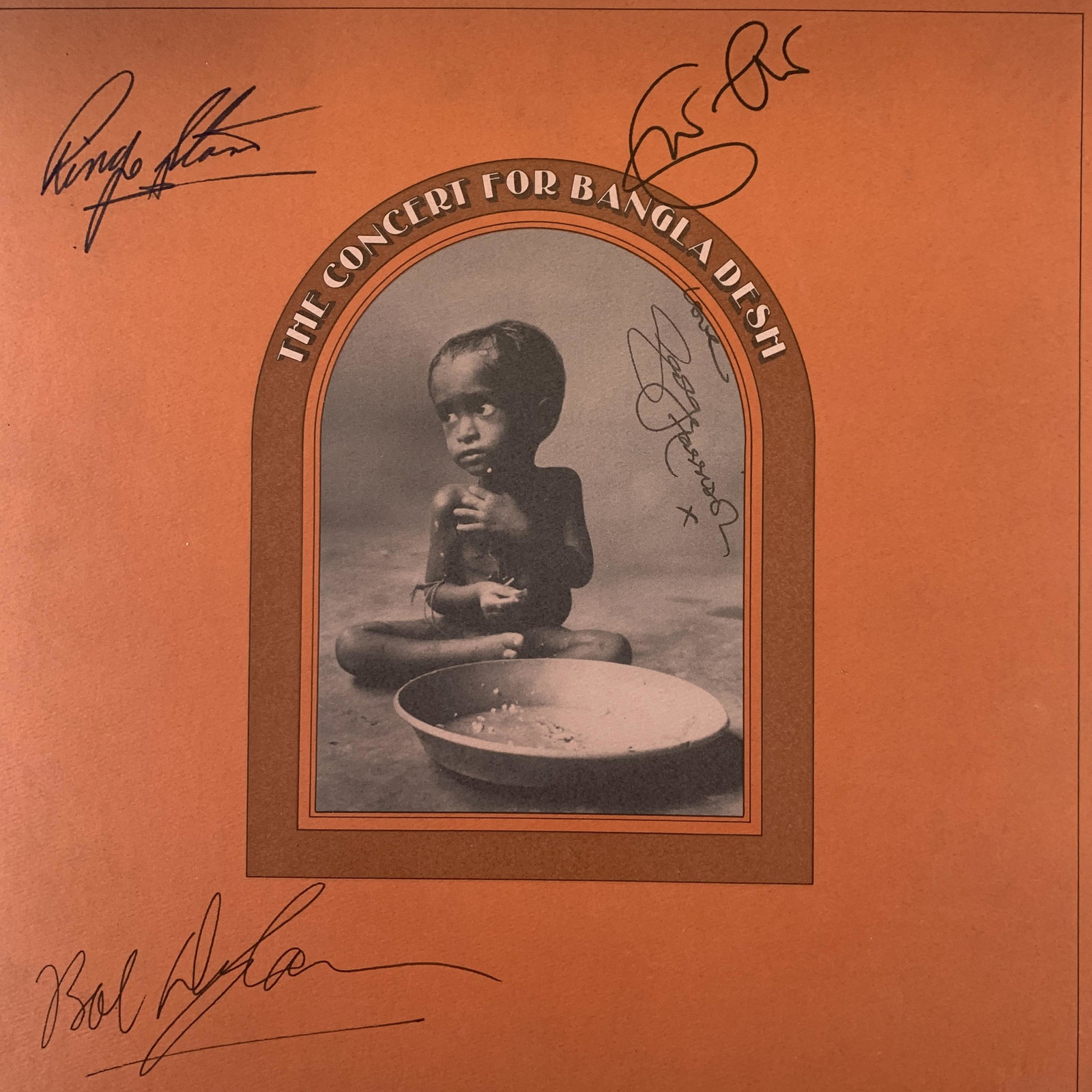 George Harrison Concert For Bangladesh signed album: George Harrison Concert For Bangladesh signed album autographed by George Harrison, Bob Dylan, Eric Clapton and Ringo Starr. 12x12 inches, vinyl included.
