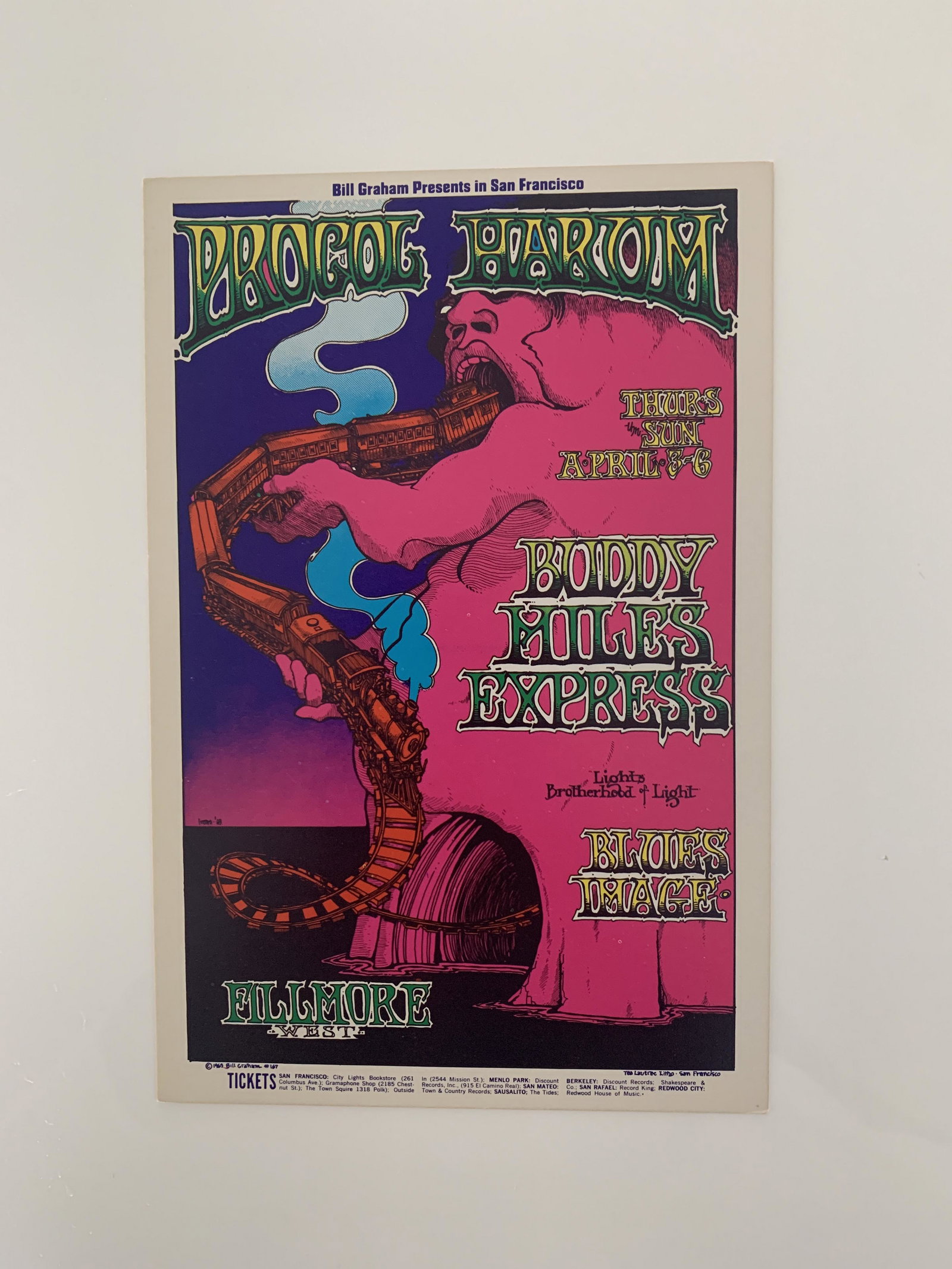 Procol Harum, Buddy Miles Express 1969 Fillmore post: This is an ORIGINAL postcard/handbill (approx. 4 1/2" x 7", and printed prior to the shows) that was used to promote a series of shows featuring Procol Harum, Buddy Miles Express & Blues Image. These 