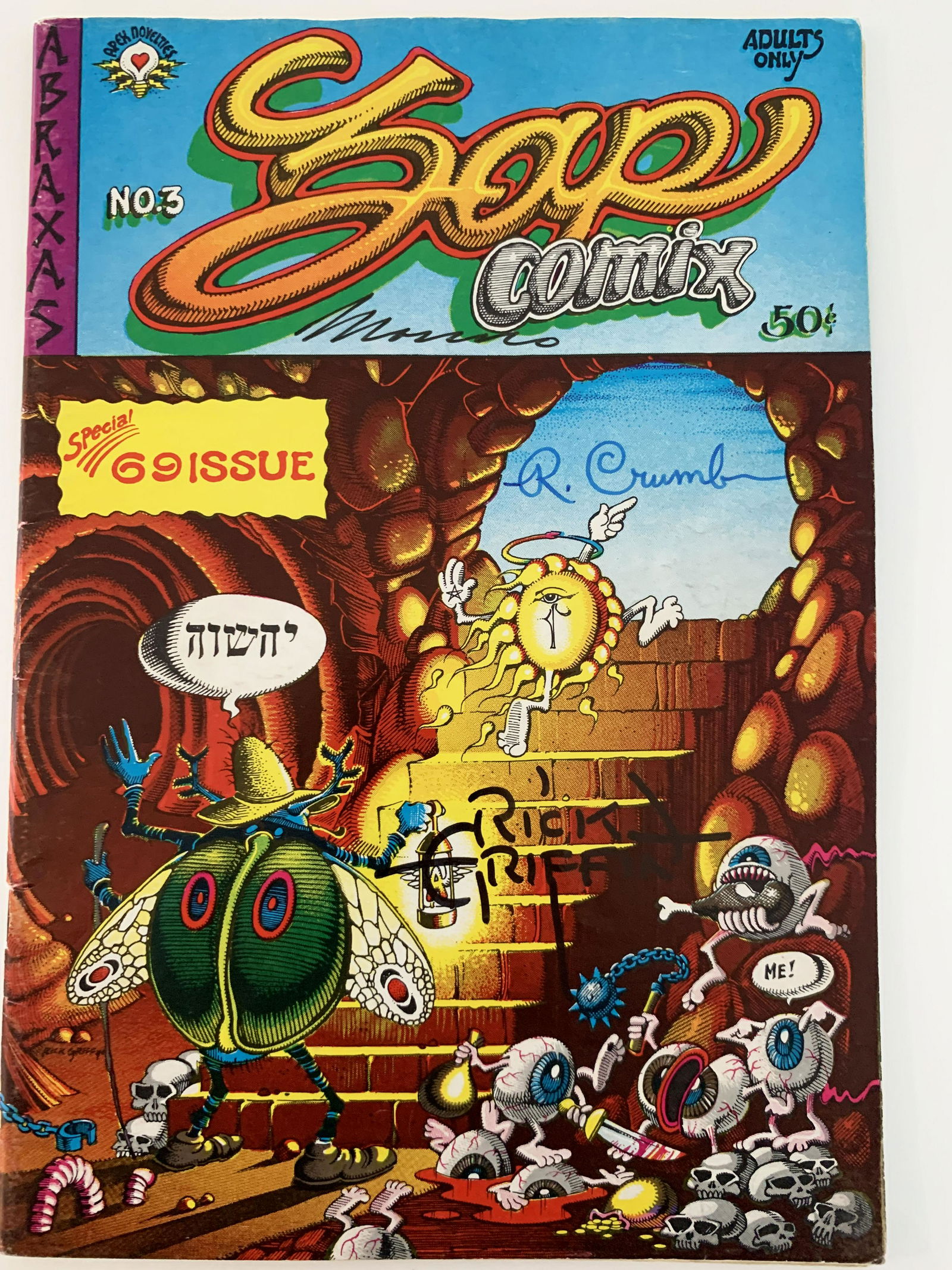 Zap Comix (1968 Apex Novelties) #3 signed comic book: Zap Comix (1968 Apex Novelties) #3 signed vintage comic book autographed by Rick Griffin and Robert Crumb. Rick Griffin cover. Art and stories by Griffin, Robert Crumb, Victor Moscoso, S. Clay Wilson,