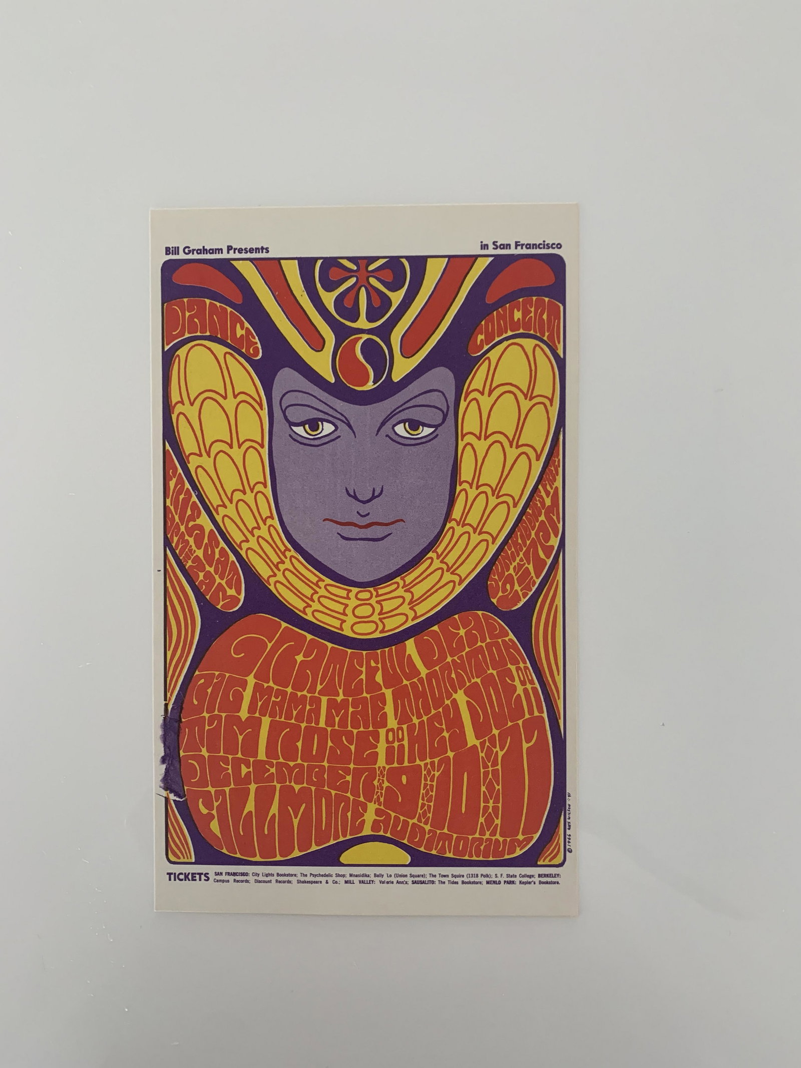 The Grateful Dead/ Big Mama Mae Thornton 1966 Fillmore: This is a vintage postcard (approx. 5" x 8", and printed in early 1967 by the promoter, Bill Graham. This is an authorized reprint of this image, which matches the original poster design, not some lat