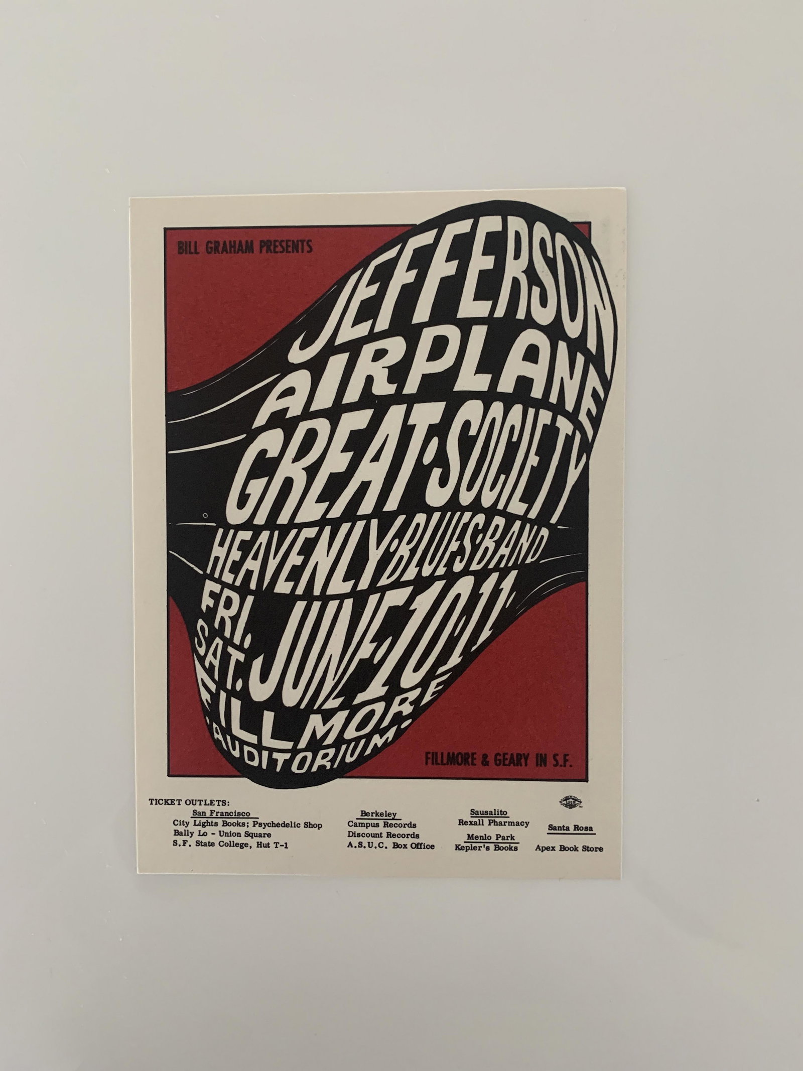 Jefferson Airplane Great Society 1966 Fillmore post: vintage postcard (approx. 5" x 7", and printed in early 1967 by the promoter, Bill Graham. This is an authorized reprint of this image, which matches the original poster design, not some later bootleg