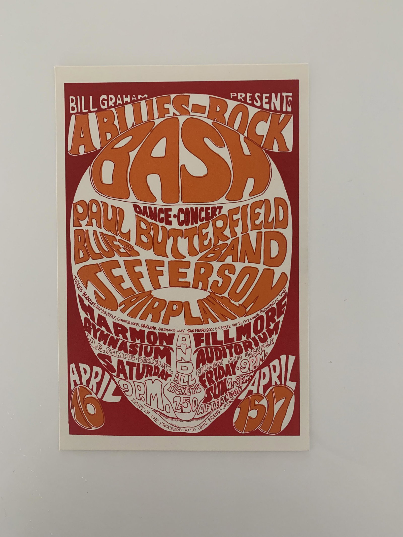 Jefferson Airplane 1966 Paul Butterfield Fillmore post: This is a vintage postcard (approx. 6 1/2" x 9 3/8", and printed in early 1967 by the promoter, Bill Graham. This is an authorized reprint of this image, not some later bootleg, and it is the same ima