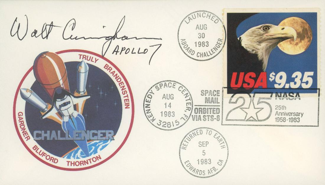 USPS/NASA ST-8 (Challenger) Walt Cunningham signed: USPS/NASA ST-8 Flight Cover flown on the Space Shuttle Challengerautographed by Walt Cunningham, Apollo 7.