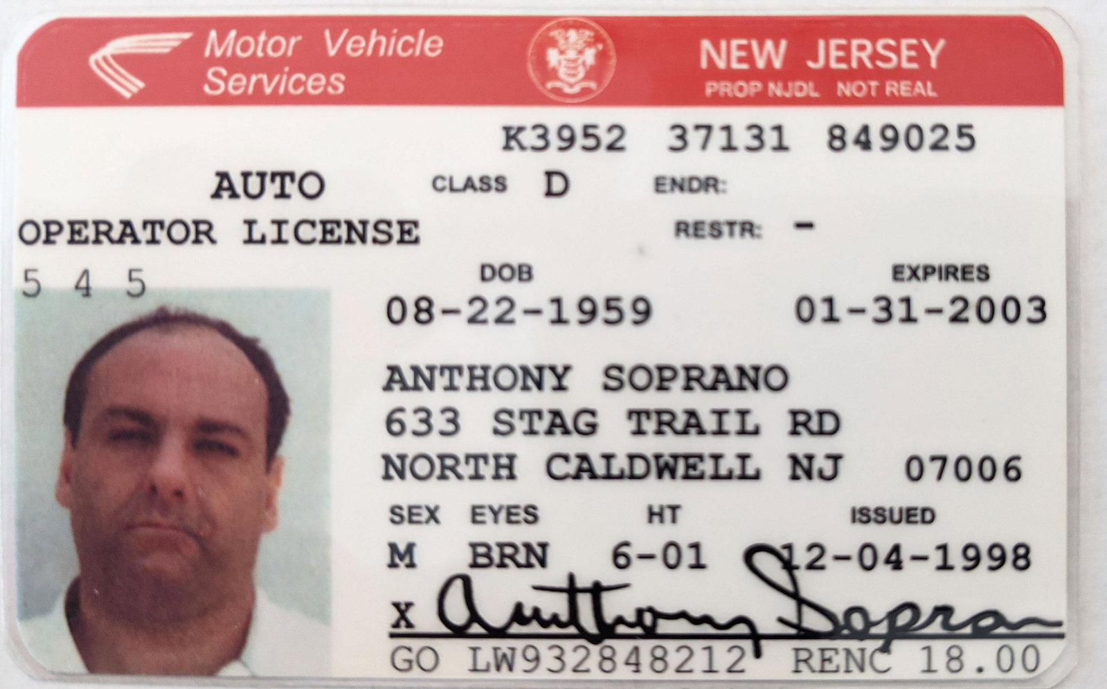The Sopranos Anthony Soprano Driver's License Prop: The Sopranos Anthony Soprano Driver's License Prop. 2x3 inches
