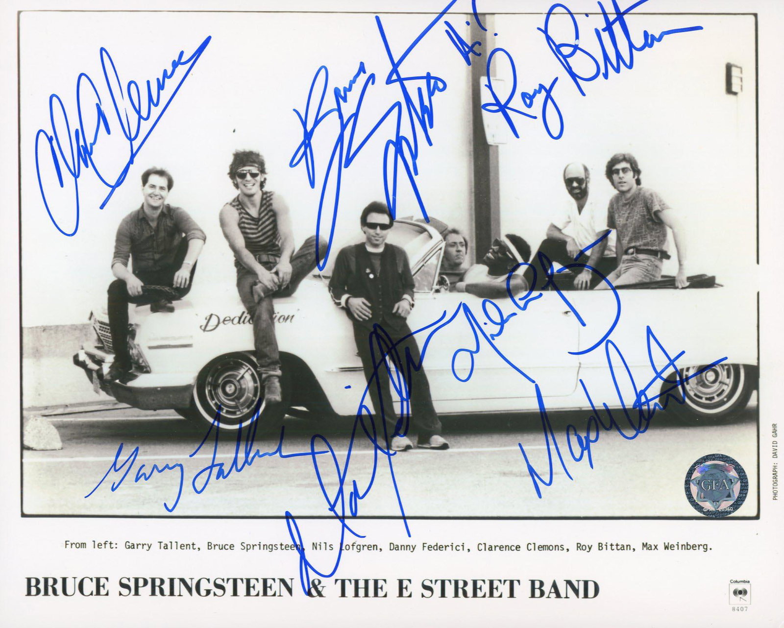 Bruce Springsteen and The E St. Band signed photo: Bruce Springsteen and The E St. Band signed photo autographed by Bruce Springsteen, Clarence Clemons, Roy Bittan Max Weinberg, Nils Lofgren, Danny Federici and Garry Tallent. 8x10 inches